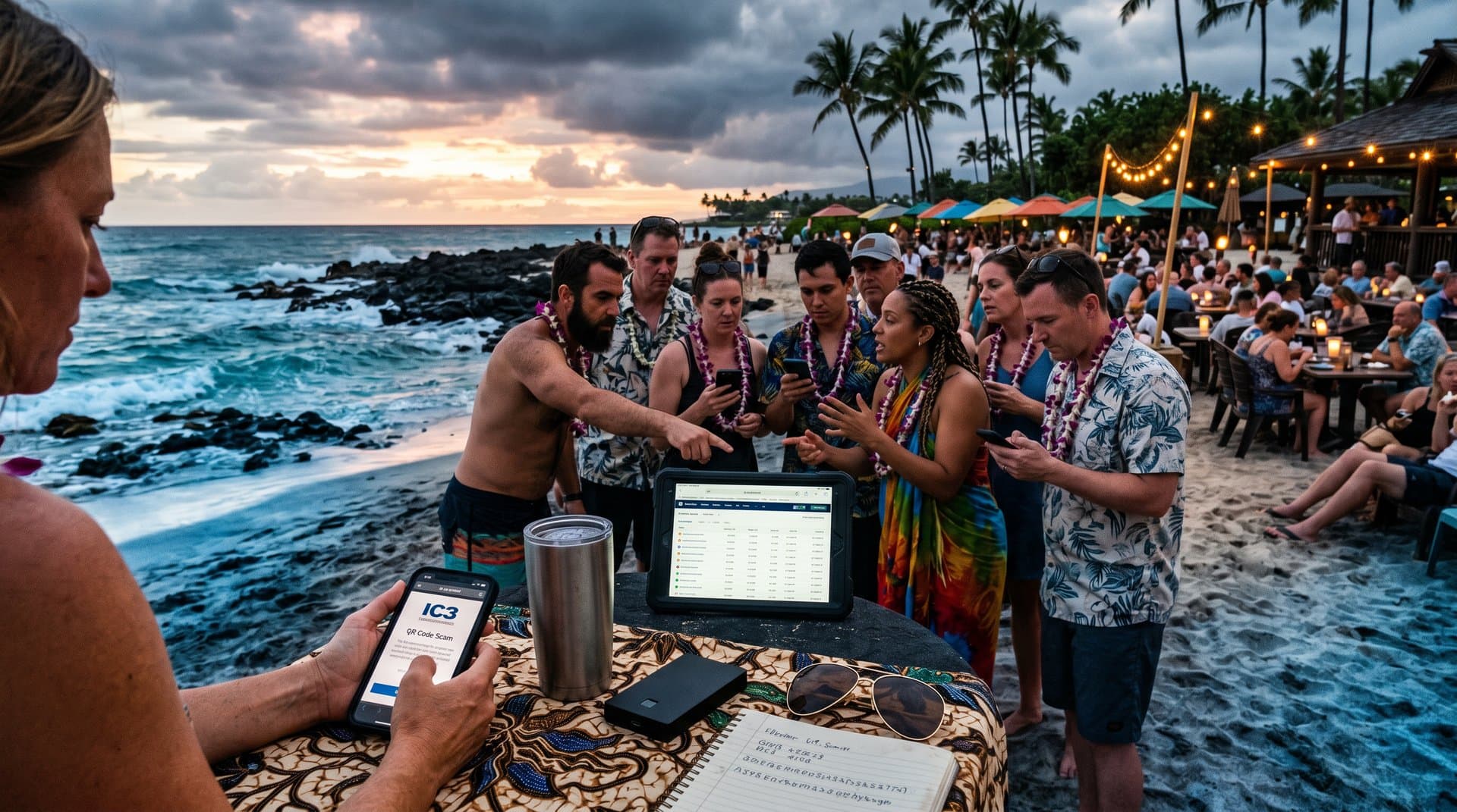 Hawaiian beach with crypto scam alert on phone and blockchain security graphs amid sunset waves