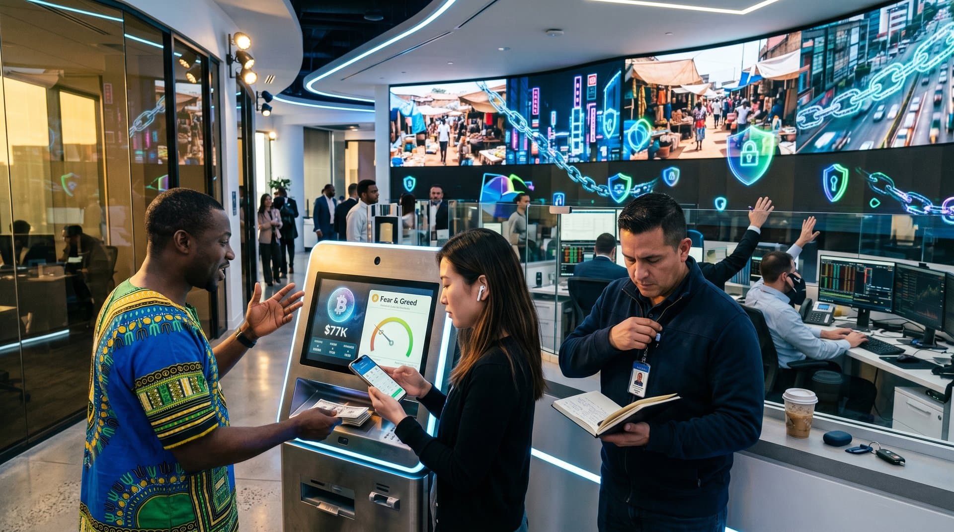 Crypto ATM kiosk displaying Bitcoin at $77K and Fear & Greed at 26 amid global fintech networks and regulatory elements