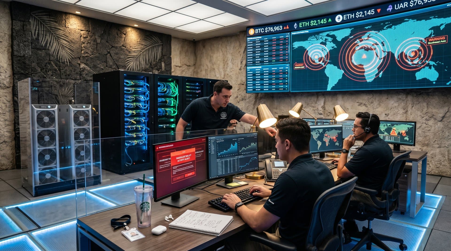 Cybersecurity team monitors cryptocurrency scam alerts and blockchain transactions in advanced operations center with global hotspots