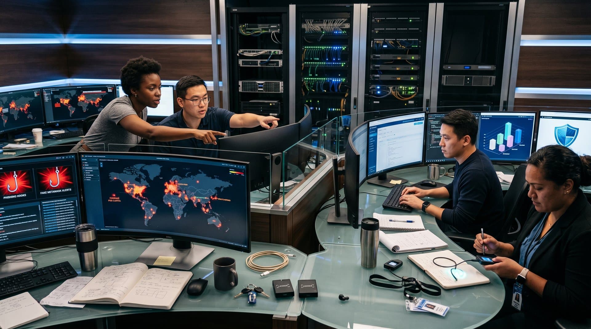 Analysts monitor blockchain scam patterns on multi-monitor setups in a high-tech cybersecurity operations center with transaction graphs and heat maps