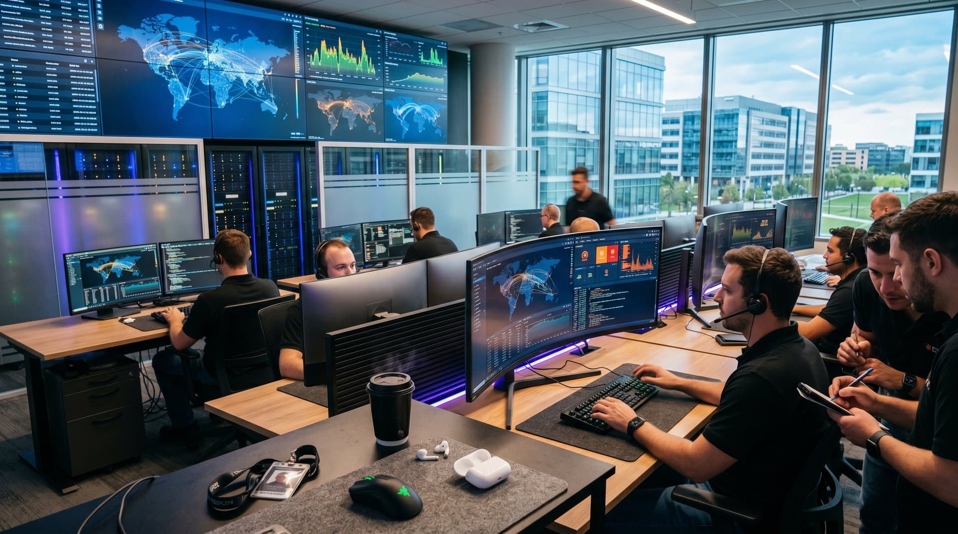 Cybersecurity team monitors crypto scam threats on screens showing blockchain data and Pacific maps in modern SOC