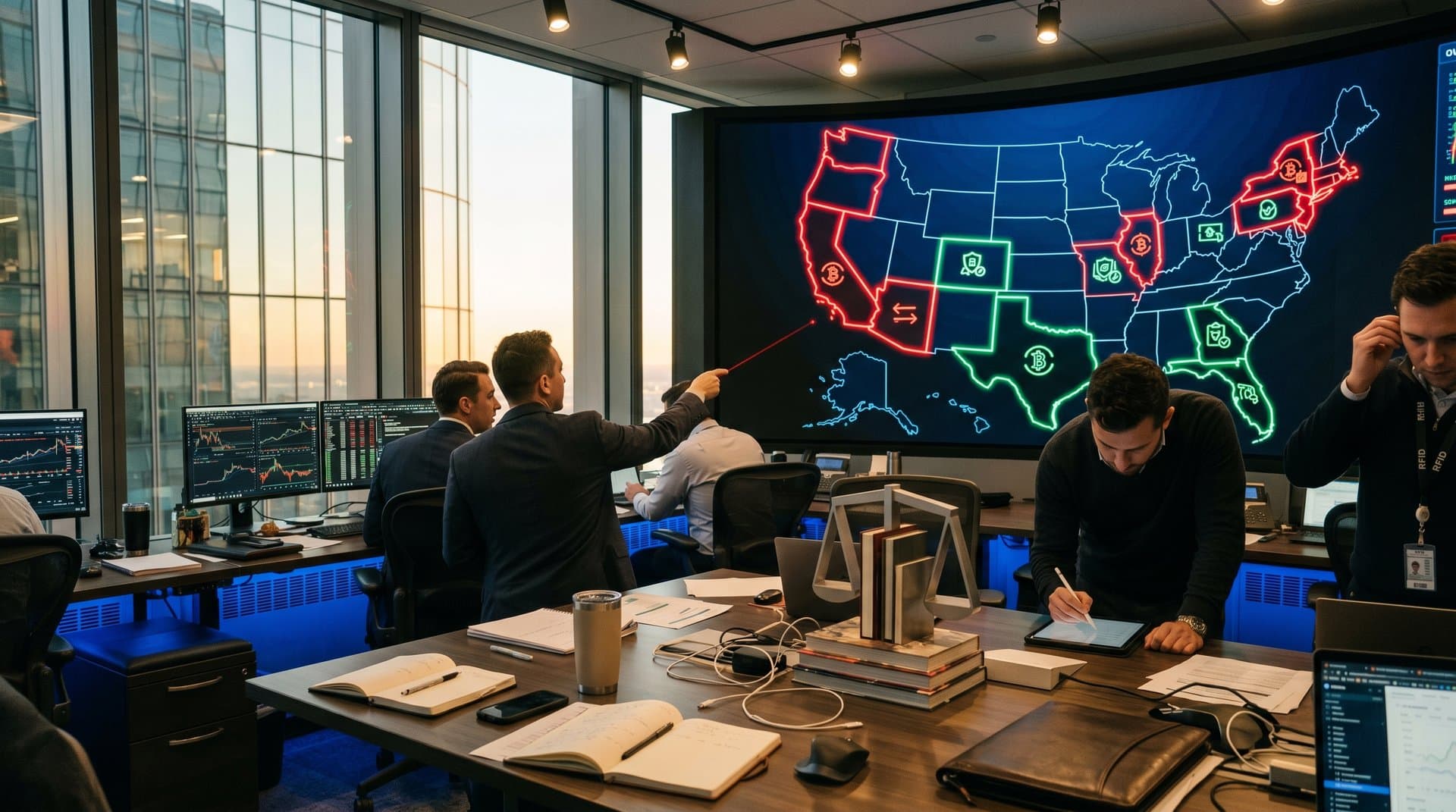 Stylized US map with 30,000 color-coded crypto kiosks, balance scales weighing innovation against safety in neon cyberpunk fintech style