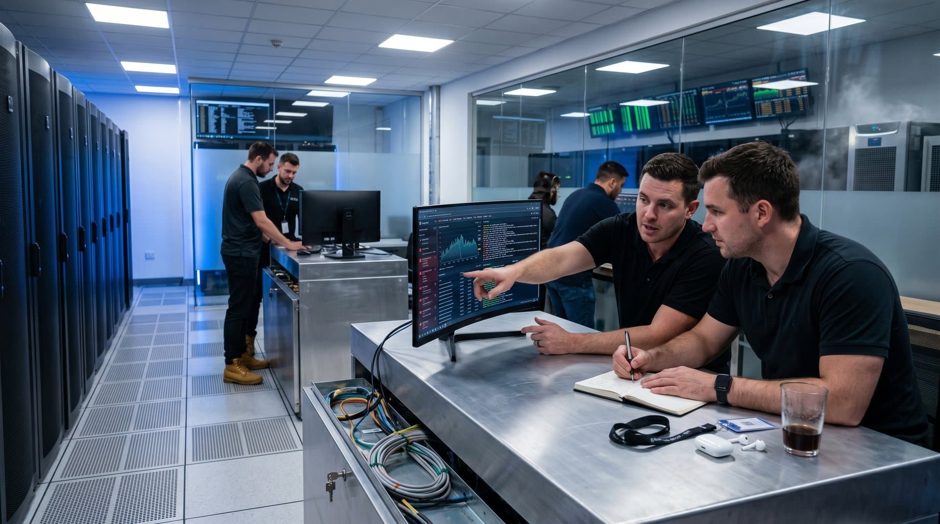 Glowing server racks and monitors displaying crypto security alerts in a high-tech data center
