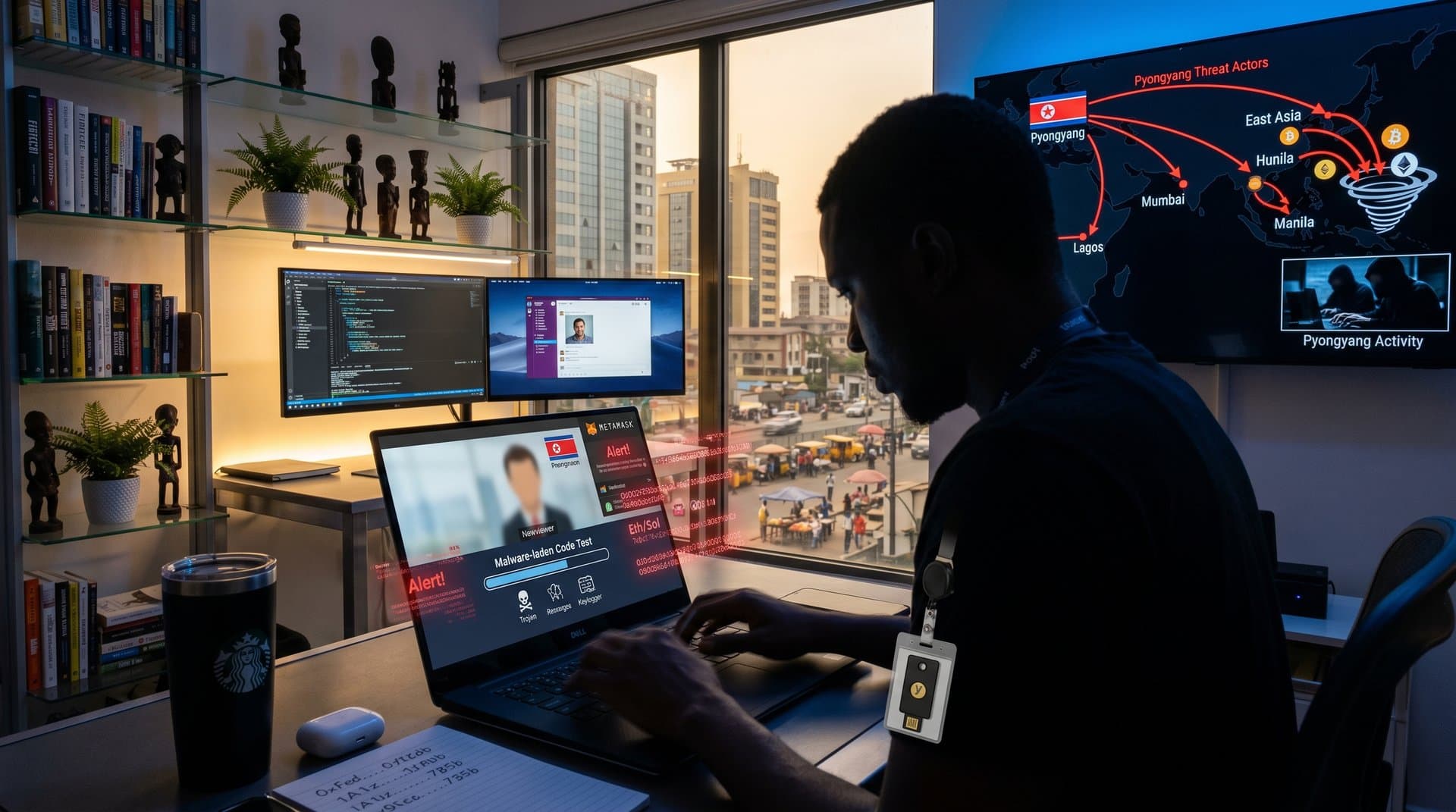Freelance developer faces fake Zoom interview malware threat with crypto wallet alerts and global map