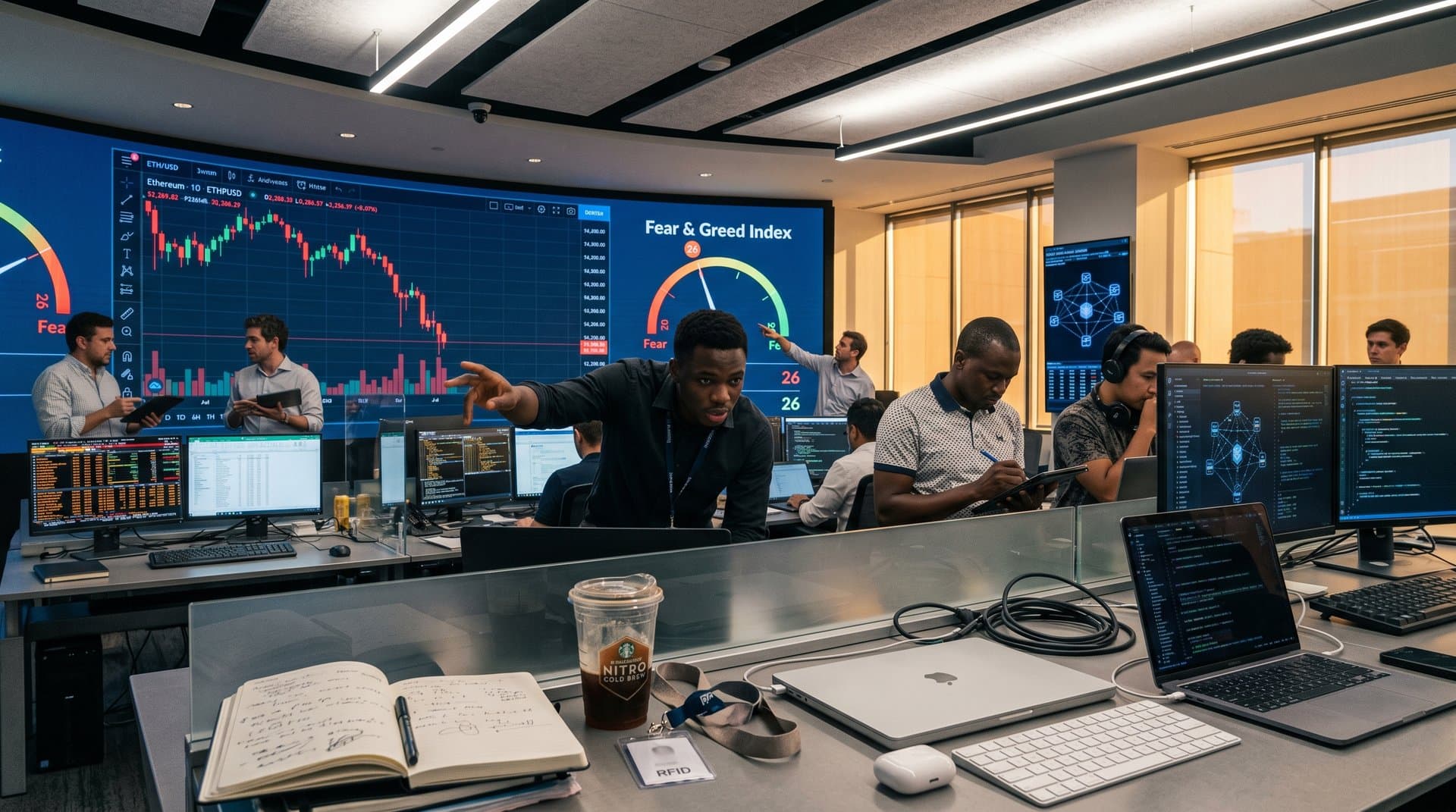 Digital dashboard with Ethereum price at $2,268.52, Fear & Greed at 26, and global DeFi map highlighting emerging markets in Africa, Asia, and Latin America