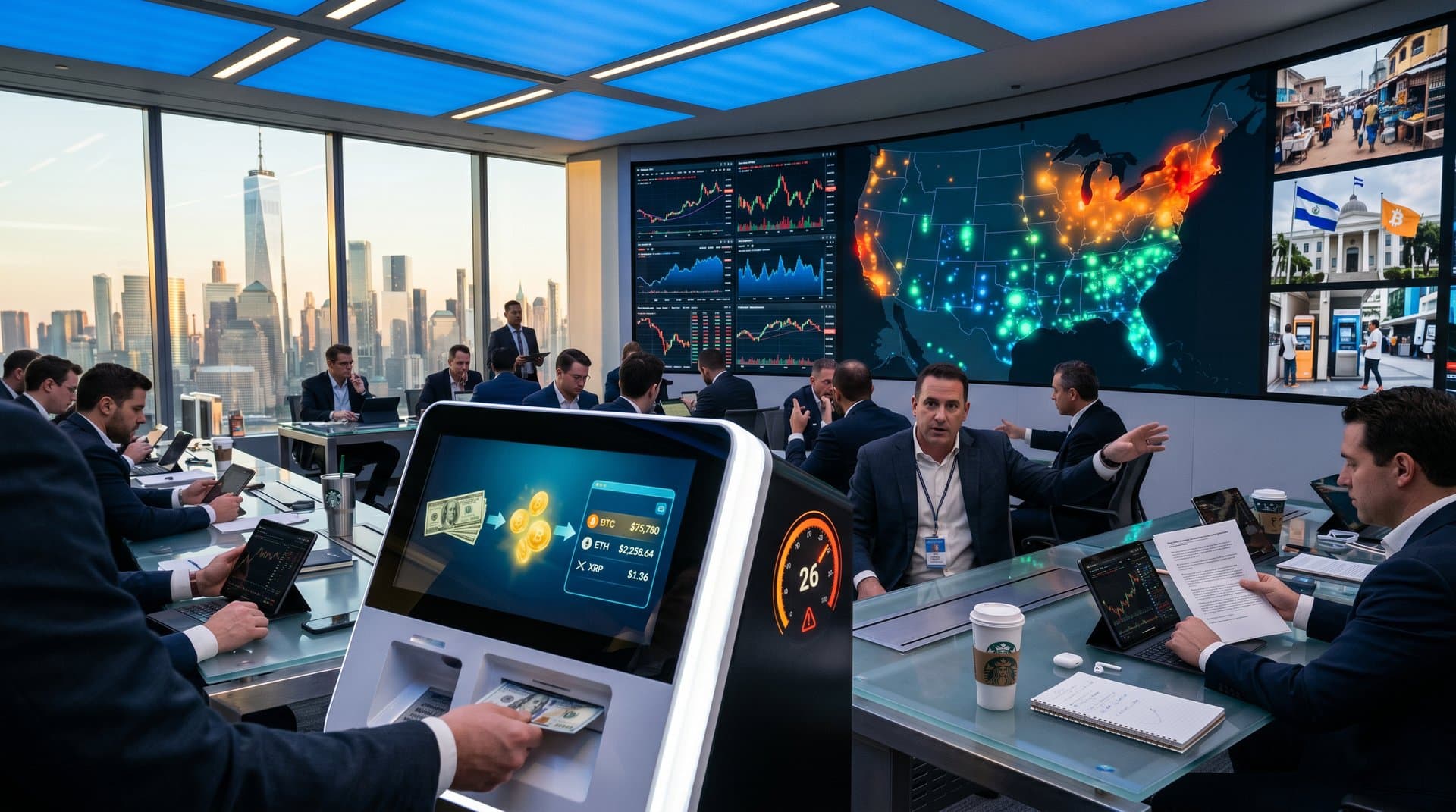 US state heat map of crypto kiosk regulations with BTC charts and Fear & Greed Index