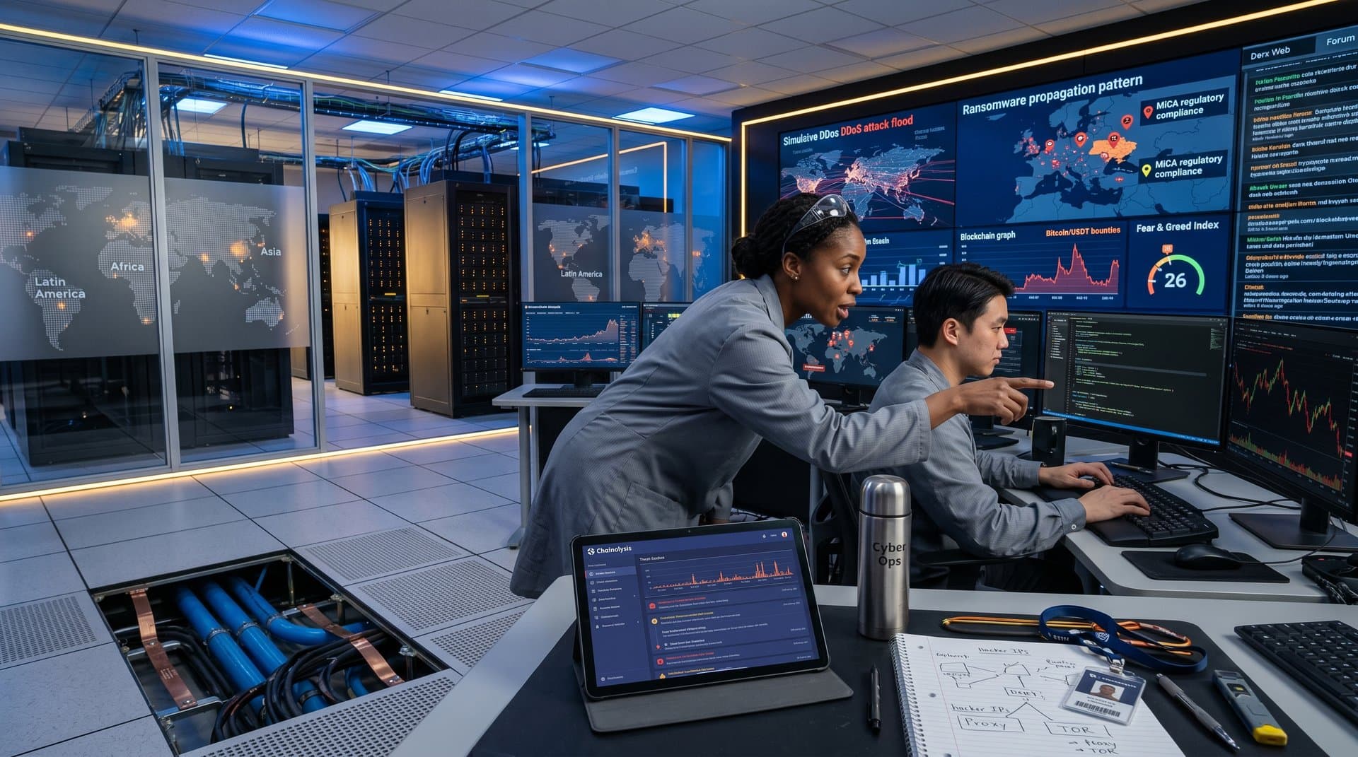 Engineers in high-security data center monitor pro-Russian hackers crypto bounties and blockchain threats on glowing servers amid global maps