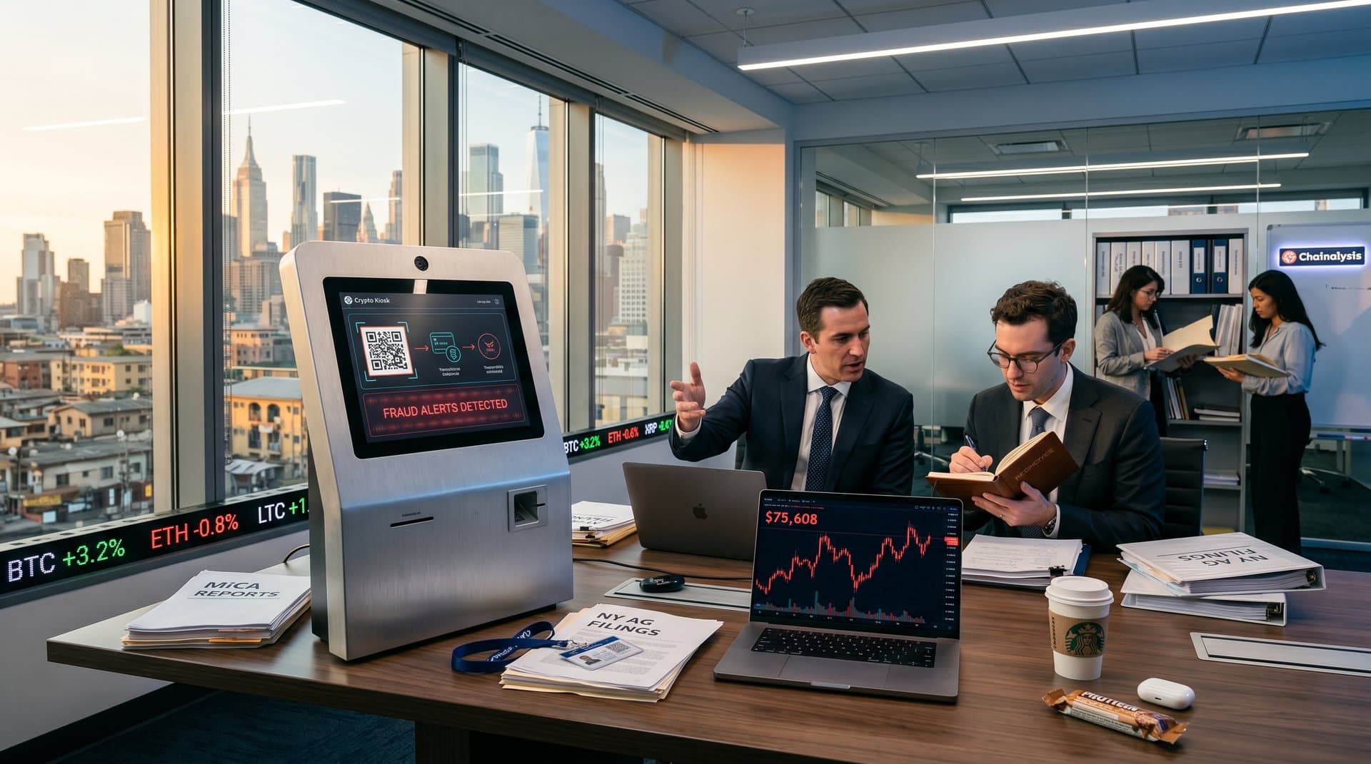 Crypto kiosk prototype on conference table with BTC charts, regulatory documents from NY AG and MiCA, and global city skyline in modern oversight office