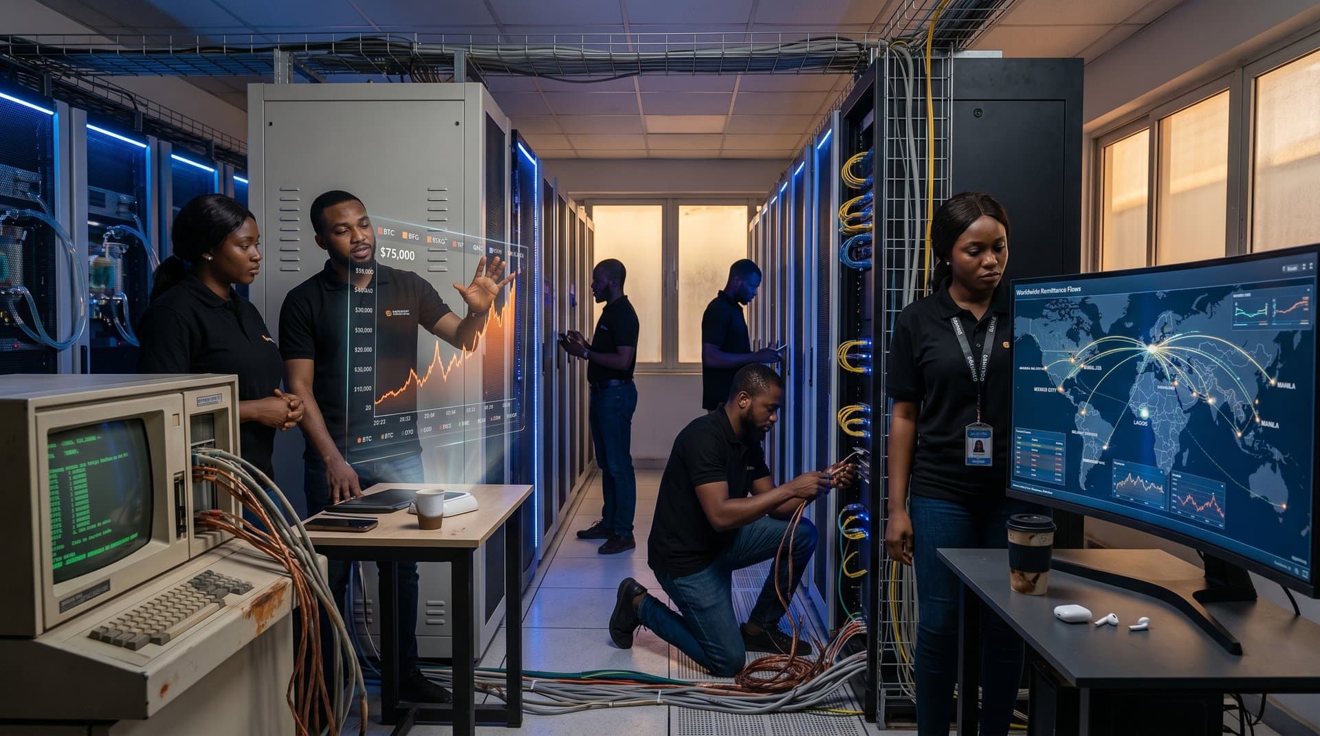 Legacy cables clash with blockchain holograms in global fintech data center