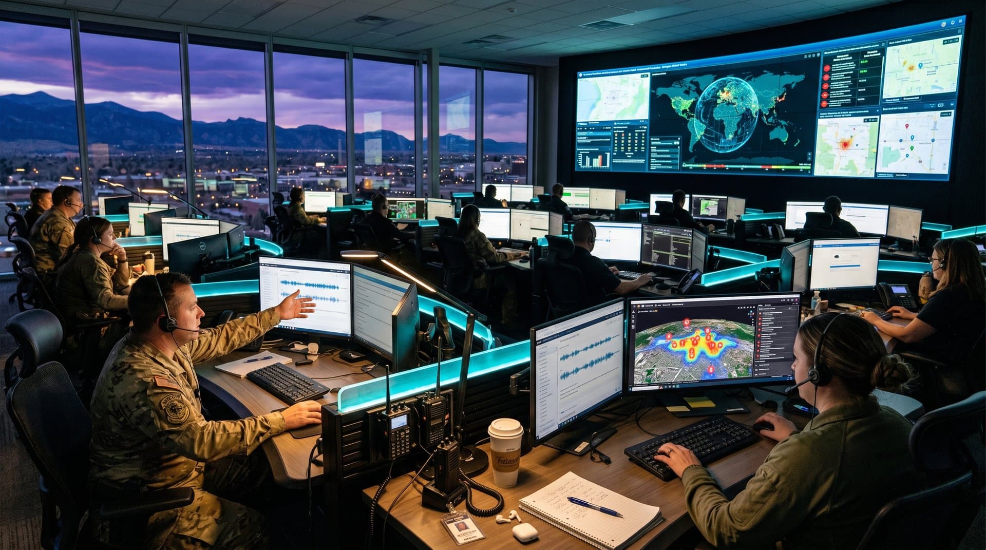 High-tech public safety dispatch center with AI screens, maps, and video wall in modern control room