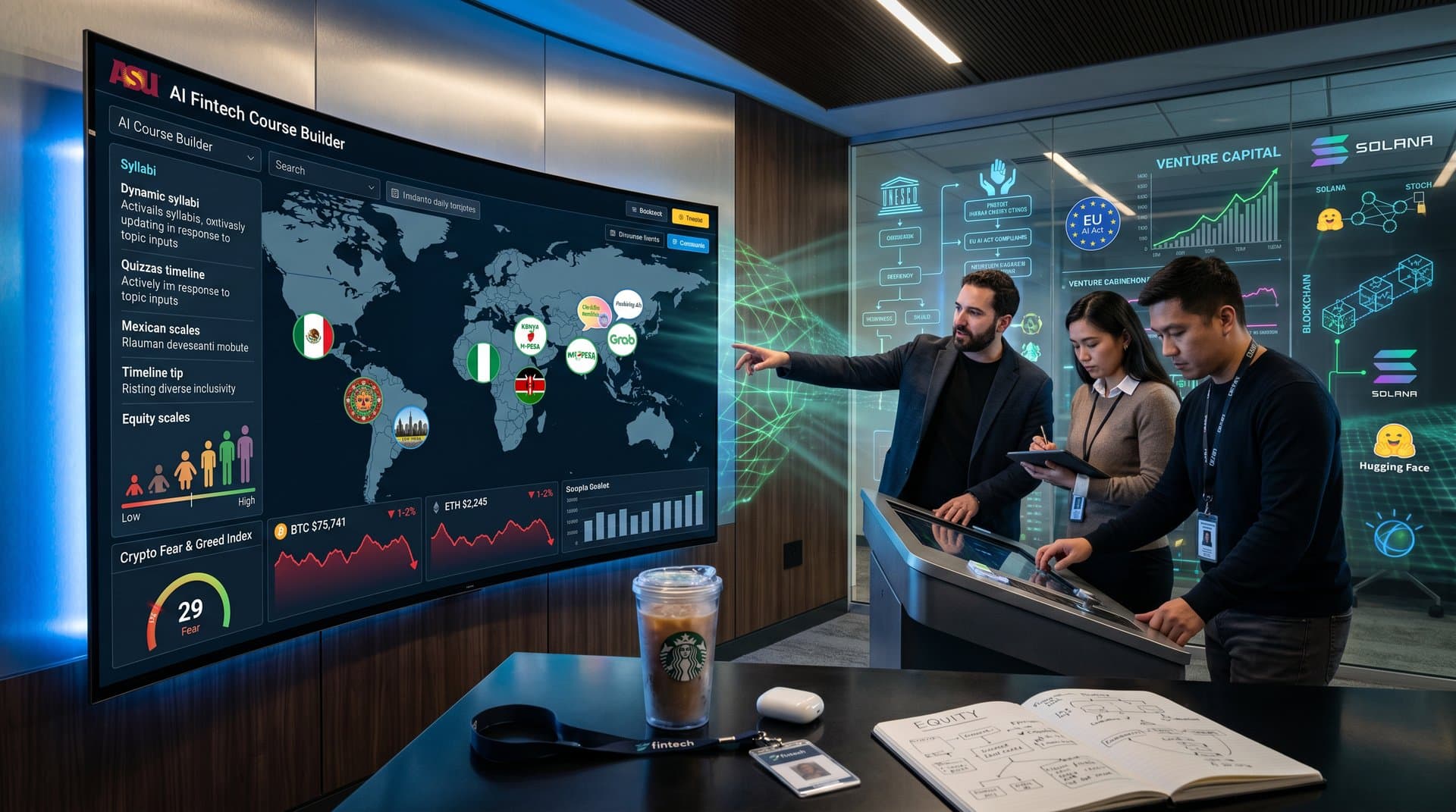 Abstract AI course builder interface with global equity maps and crypto fear index visualization