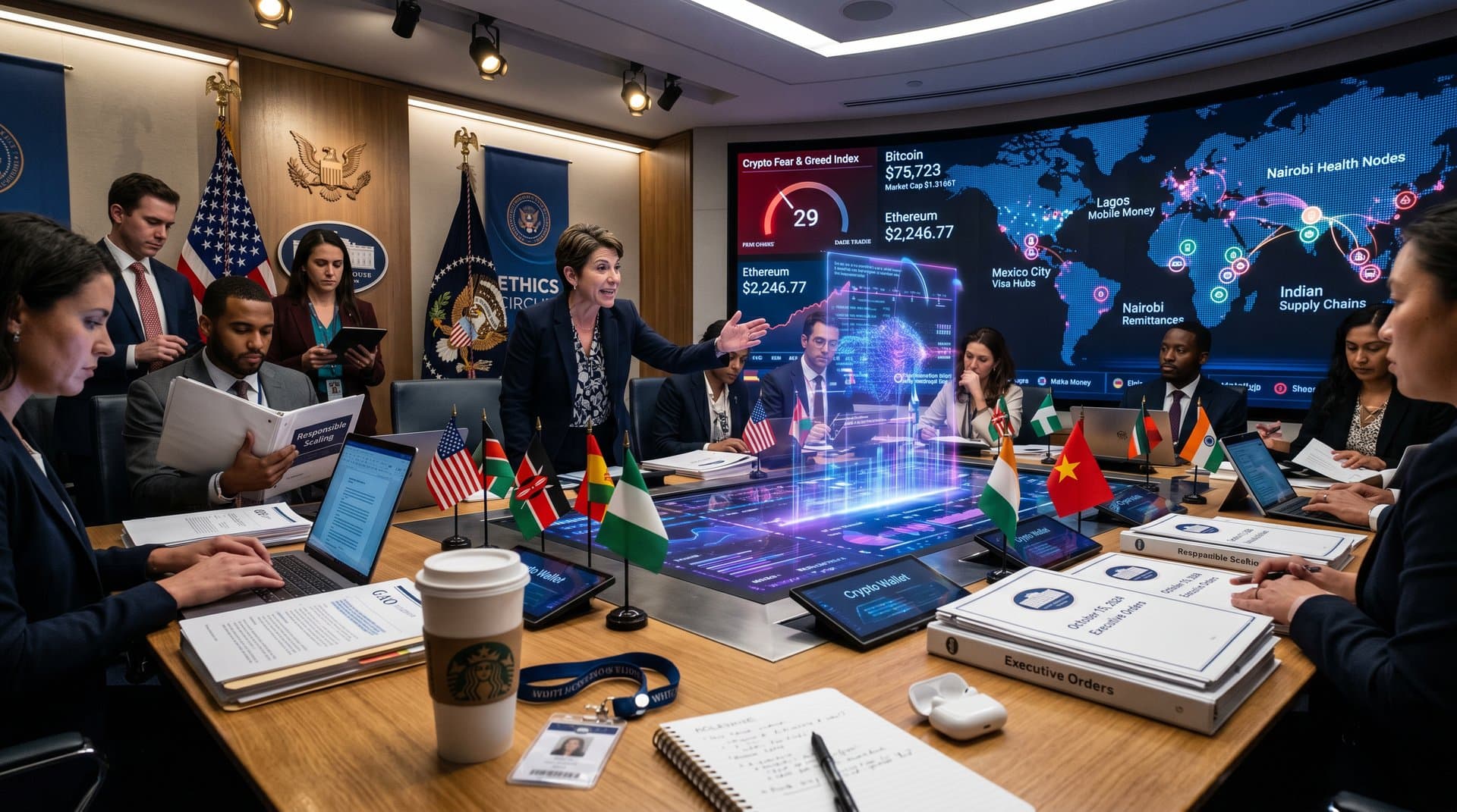 Secure White House briefing room displaying AI procurement charts, Claude interfaces, global maps, and crypto tickers