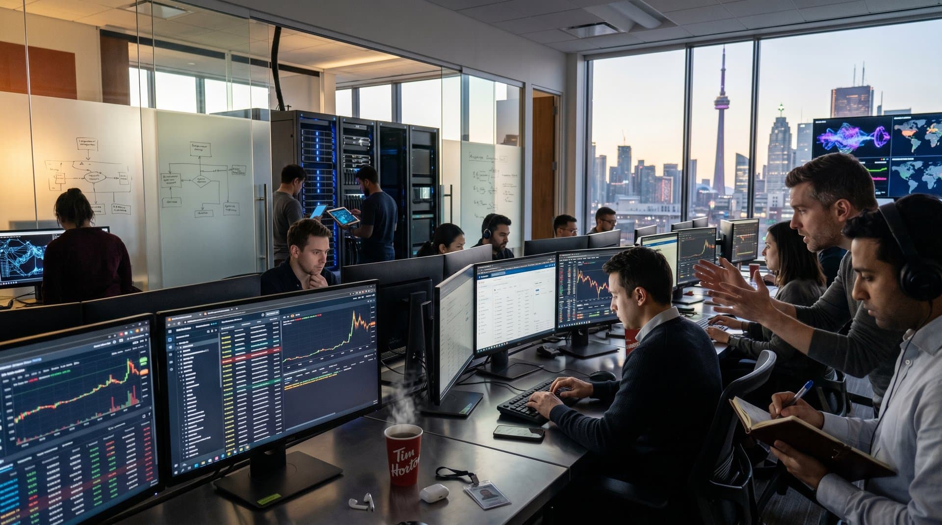 Modern compliance center monitors crypto ATMs with data screens, server racks, and Toronto skyline