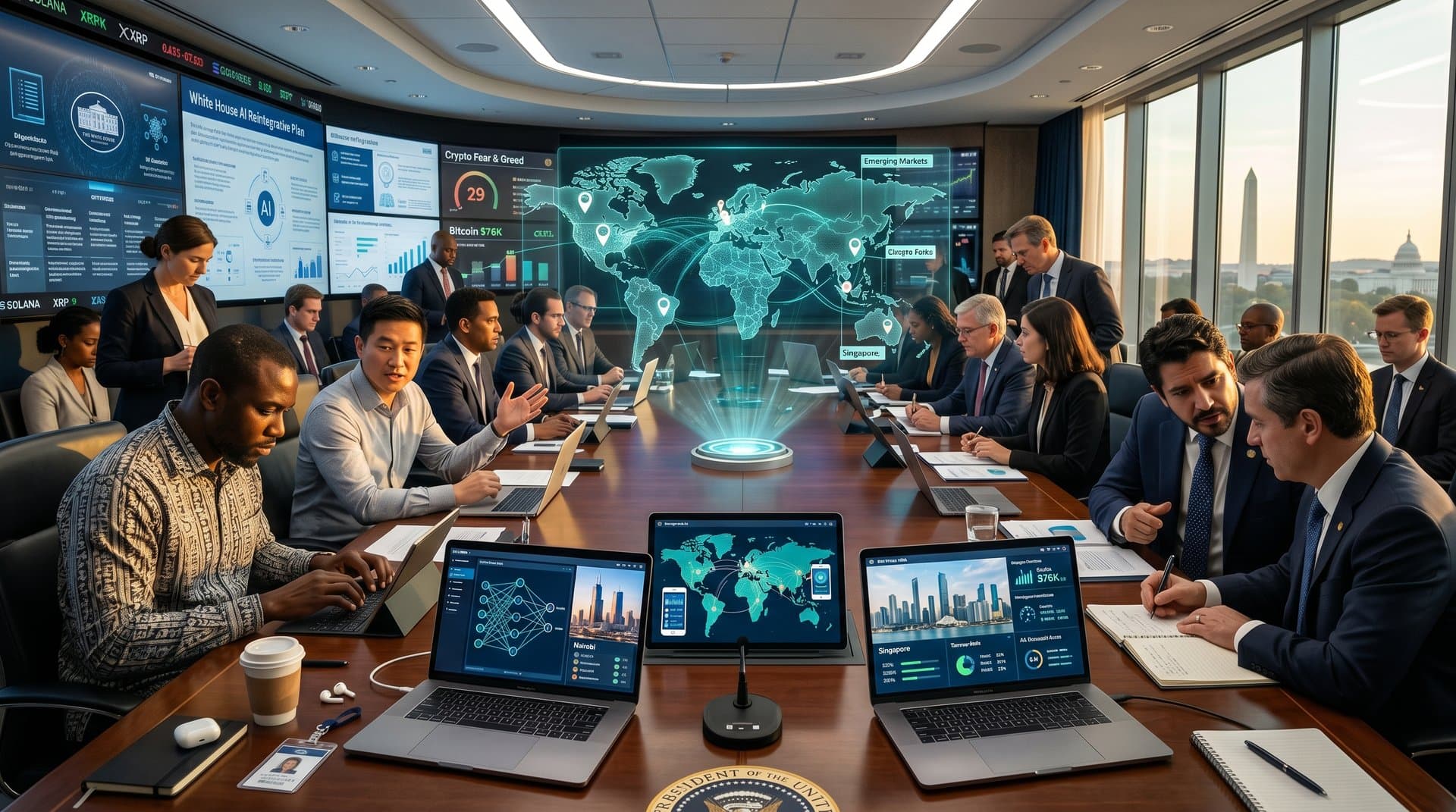 White House briefing room with laptops showing AI interfaces, global data maps, and inclusive governance projections under professional lighting