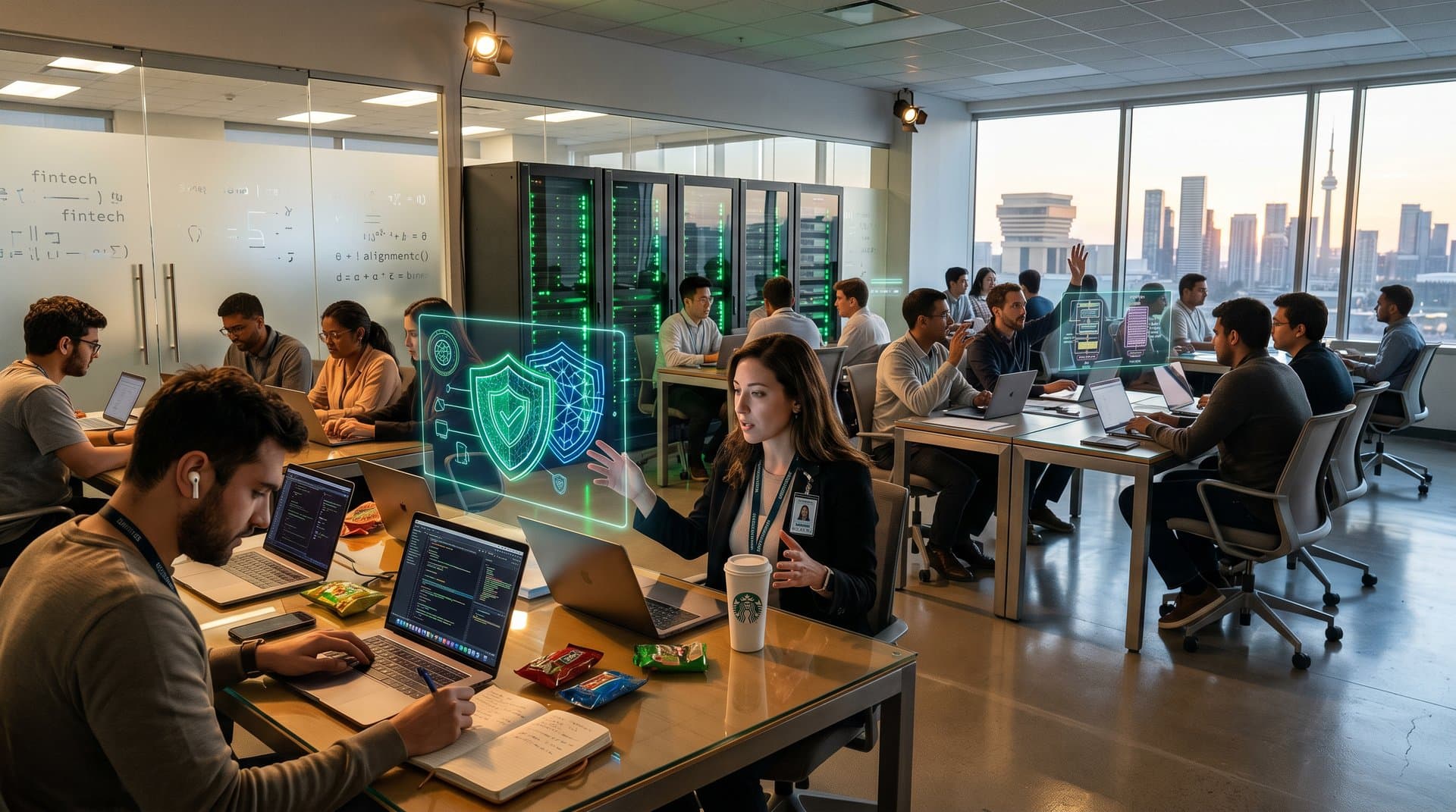 Abstract AI research lab visualizing safe Claude models with global adoption maps, neural networks, and ethical alignment graphs on screens amid modern server racks