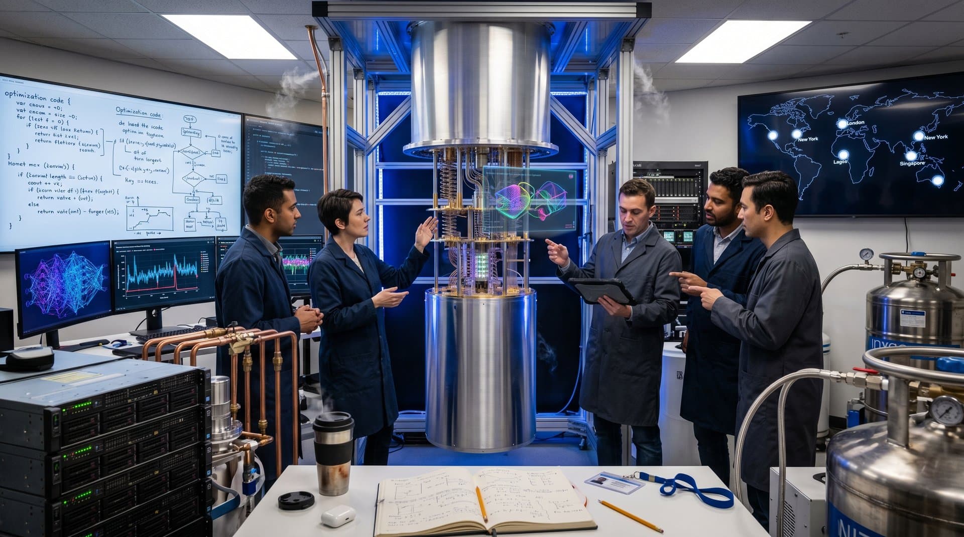 IBM quantum AI hub lab featuring dilution refrigerator, AI-qubit monitors, holographic circuits, global connectivity screens