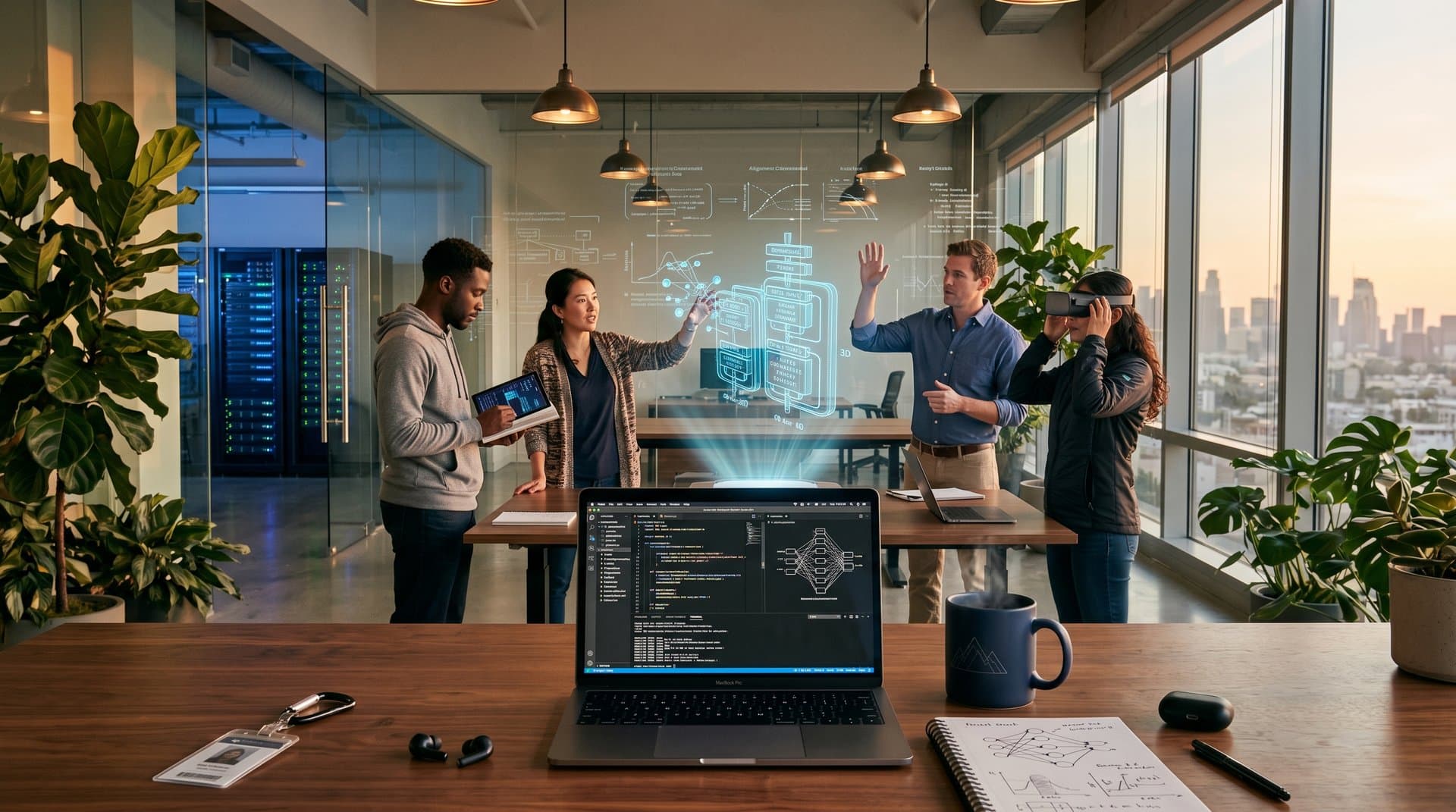 Abstract view of modern Anthropic-inspired AI lab with screens showing Claude models, collaborative desks, and server racks under warm lighting