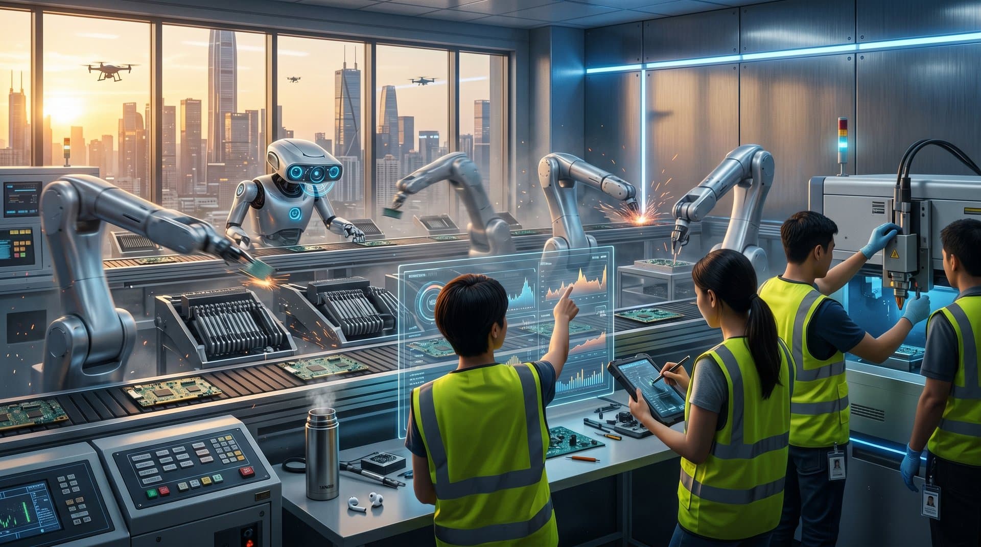 Humanoid robots assembling in Shenzhen factory with AI sensors, conveyor belts, and city skyline view