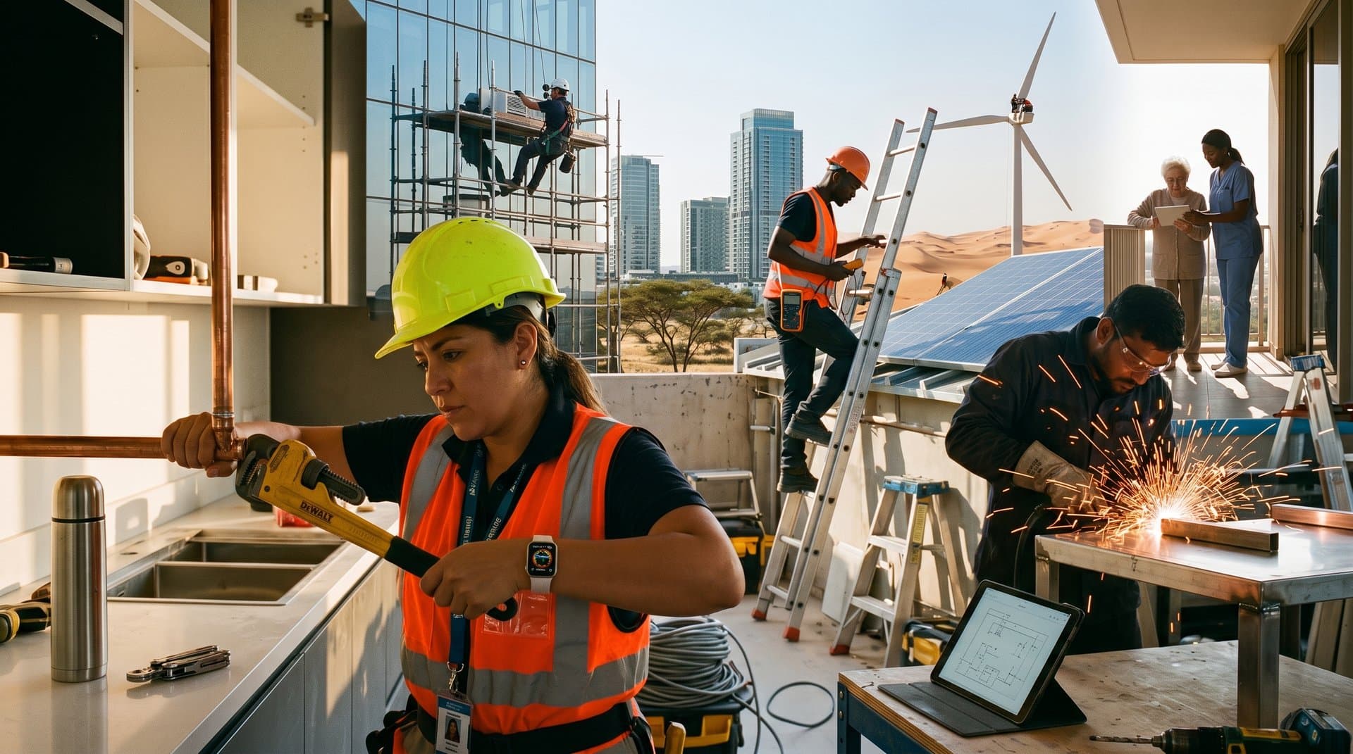 Diverse global workers in trades installing solar panels, welding, and plumbing amid vibrant emerging market scenes
