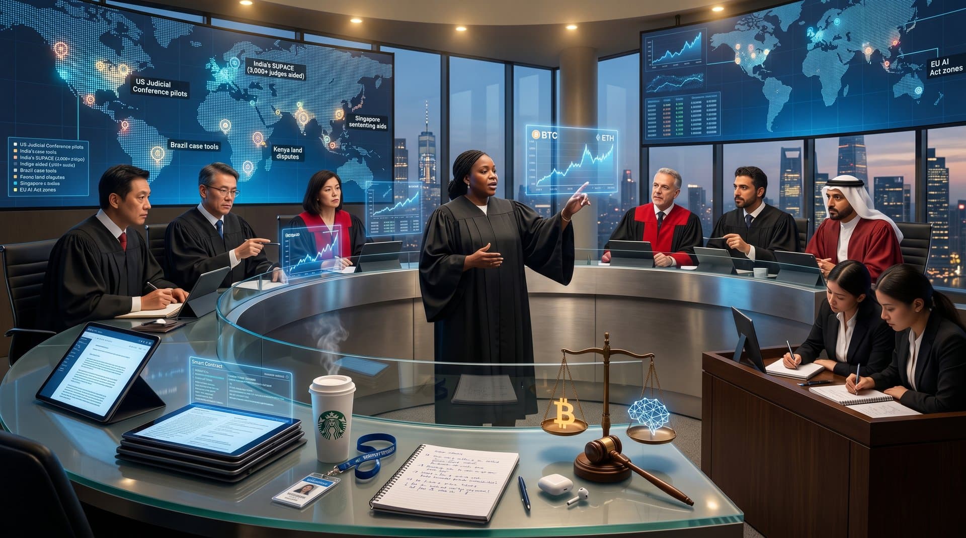 Arbitrators and lawyers in high-tech chamber review AI case analytics on large screens amid modern legal setting