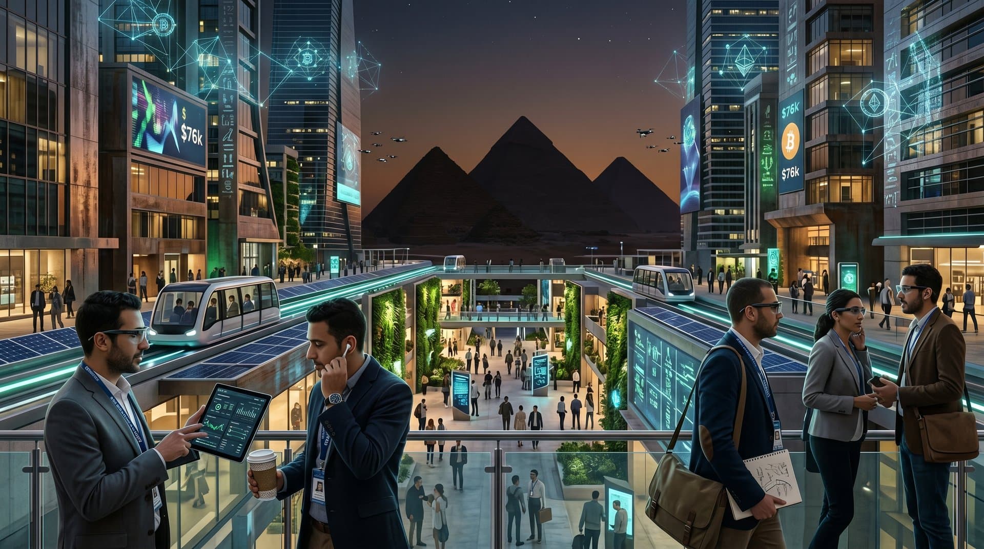Futuristic AI smart city in Egypt with blockchain visualizations and fintech dashboards