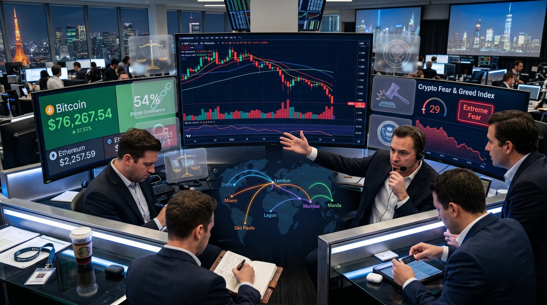 Digital charts of XRP at $1.37, Fear & Greed at 29, and global remittance map on fintech dashboard