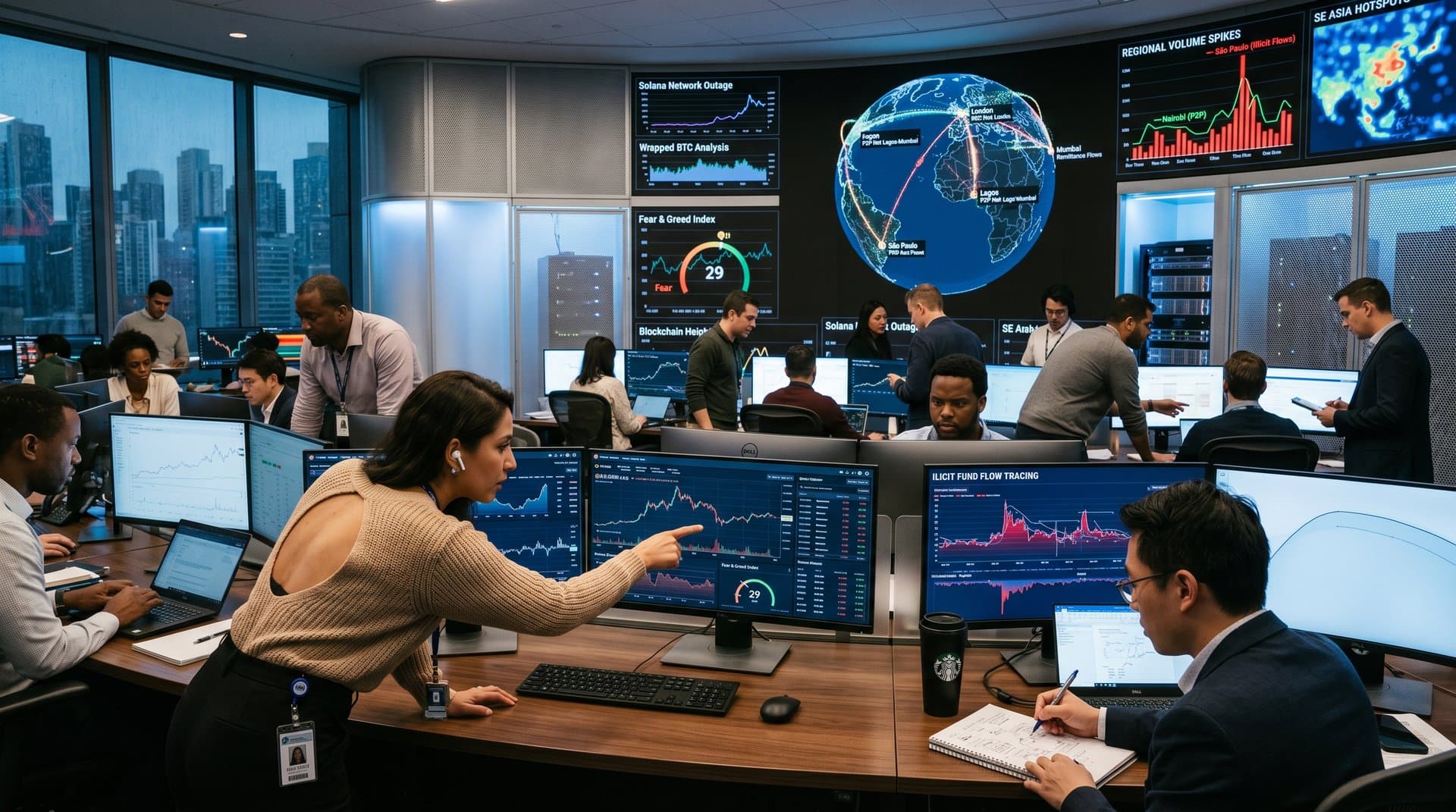 Diverse analysts in high-tech center monitor blockchain graphs, heat maps of crypto crime in Africa, Asia, and global markets