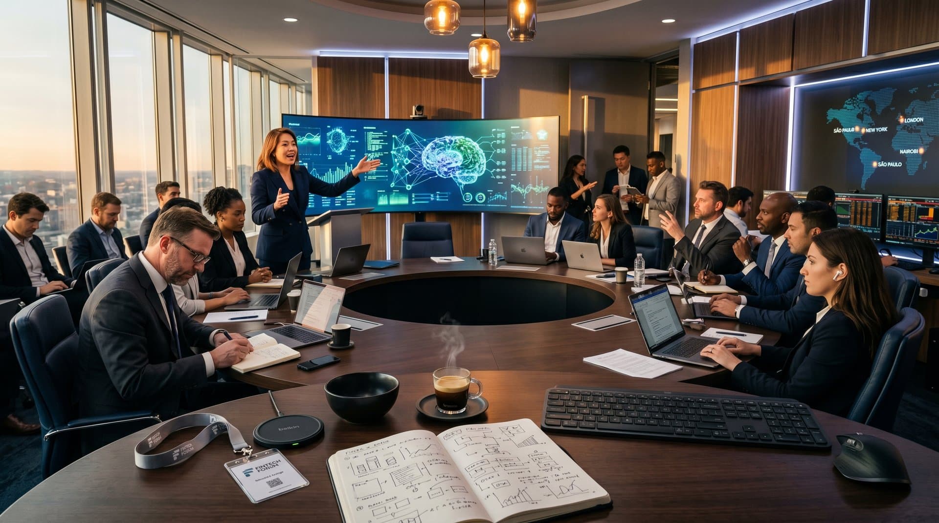 Modern conference room with AI visuals on screen, market terminals, and global fintech map during policy discussion.