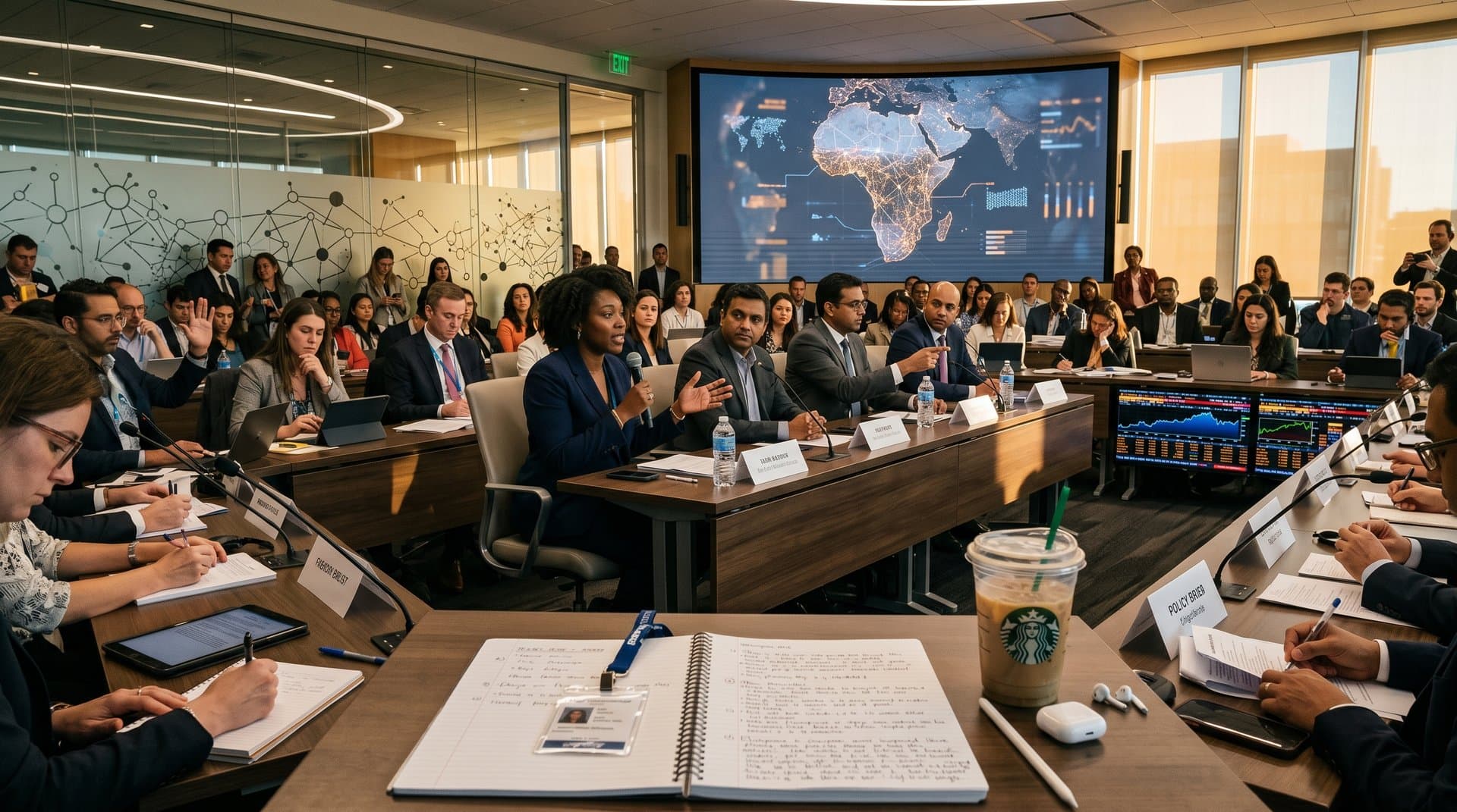AI governance panel in modern auditorium: LED screens with Africa maps and neural networks, diverse experts, Bloomberg crypto charts, policy documents.
