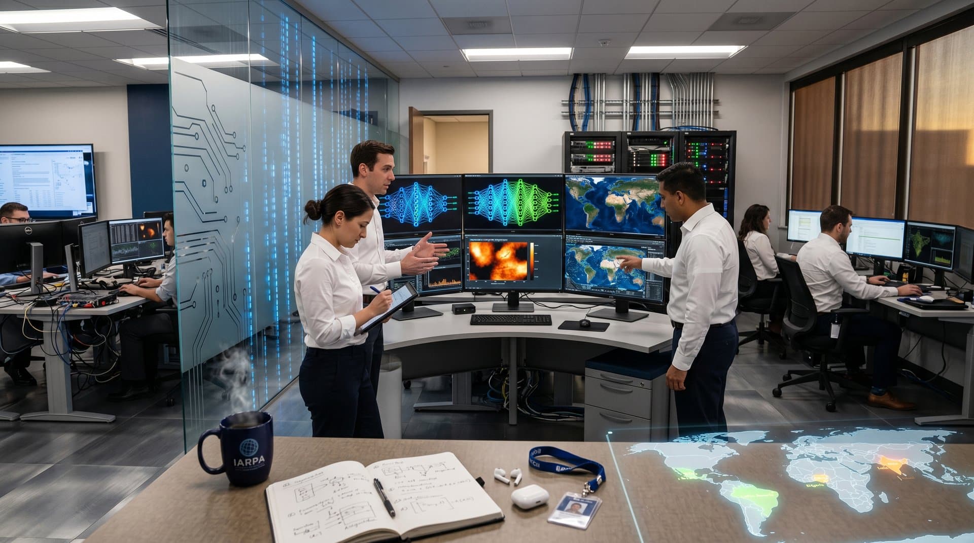 AI neural networks visualized on multi-monitor setups in a secure modern intelligence lab with global data flows and server racks