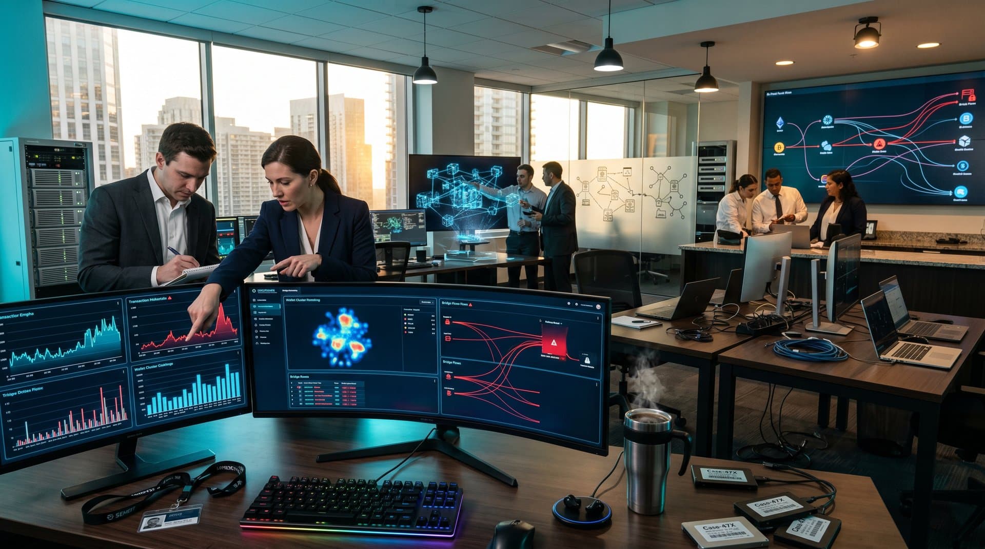 High-tech blockchain forensics center with glowing transaction graphs on multiple monitors, server racks, and 3D visualizations in a modern operations room