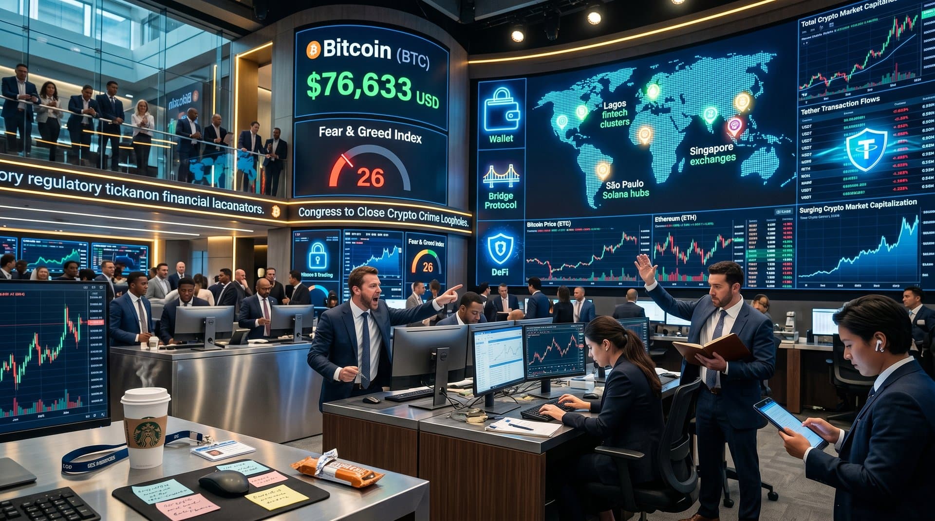 Trading screens show BTC at $76K, Fear Index 26, Congress crypto regulation headlines, global blockchain maps