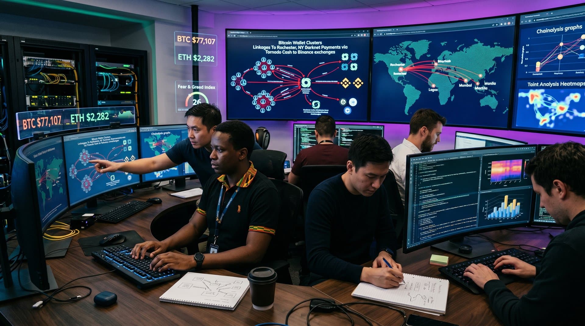 Cybersecurity team analyzes blockchain transaction traces in high-tech operations center with global maps and data visualizations