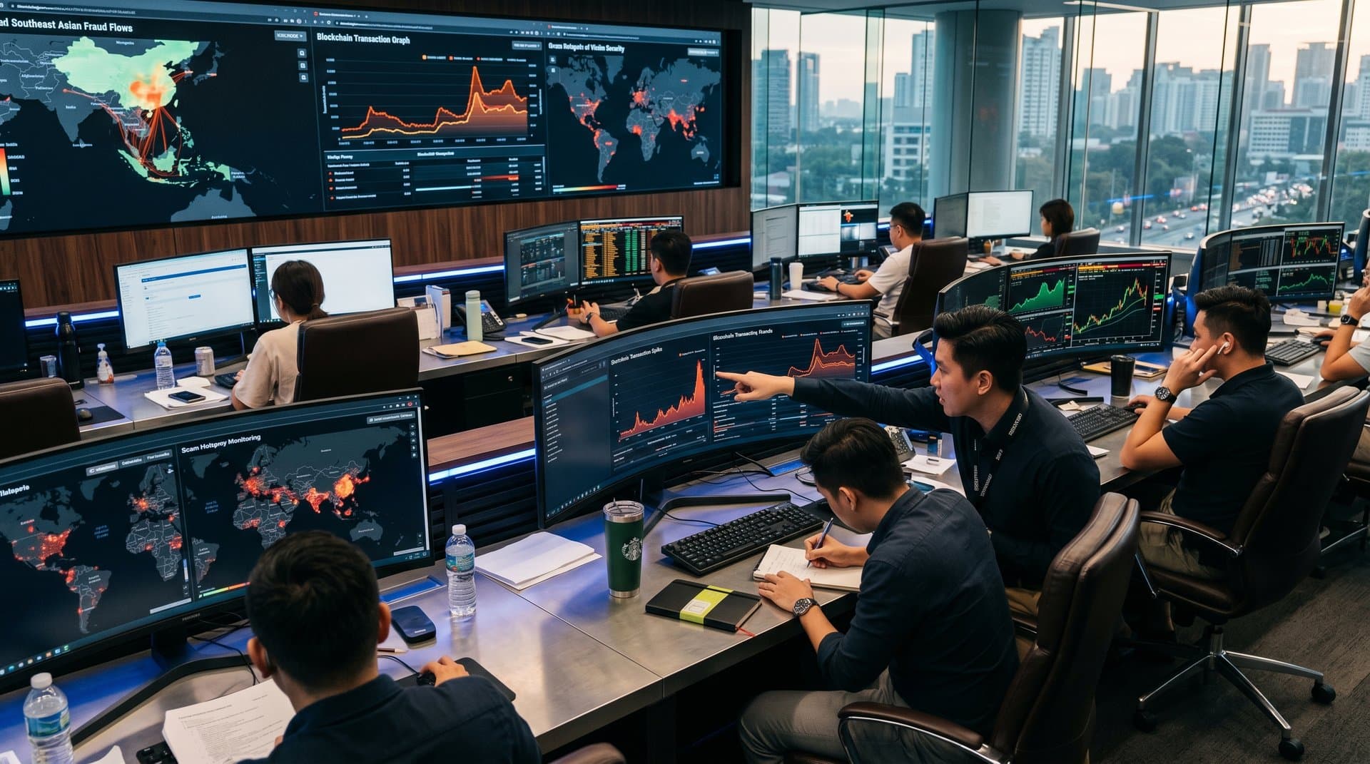 Cybersecurity center screens show Thailand scam networks, global fraud maps, and rising crypto charts