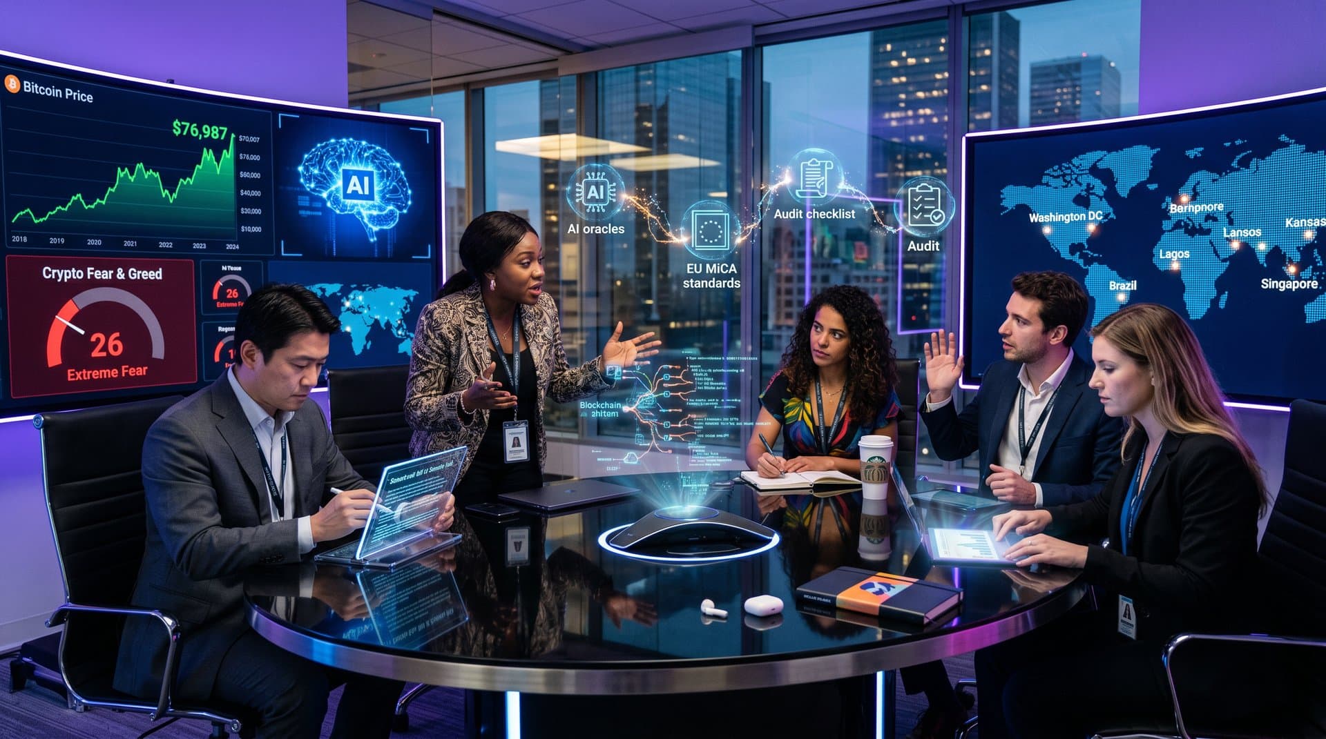 Abstract professionals debate AI regulation in tech conference room with screens showing neural networks, crypto charts, and global maps amid holographic elements