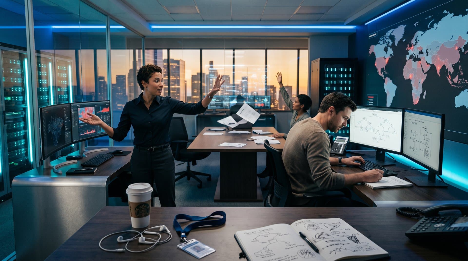 Global cybersecurity team reviews agentic AI risk frameworks on advanced monitors