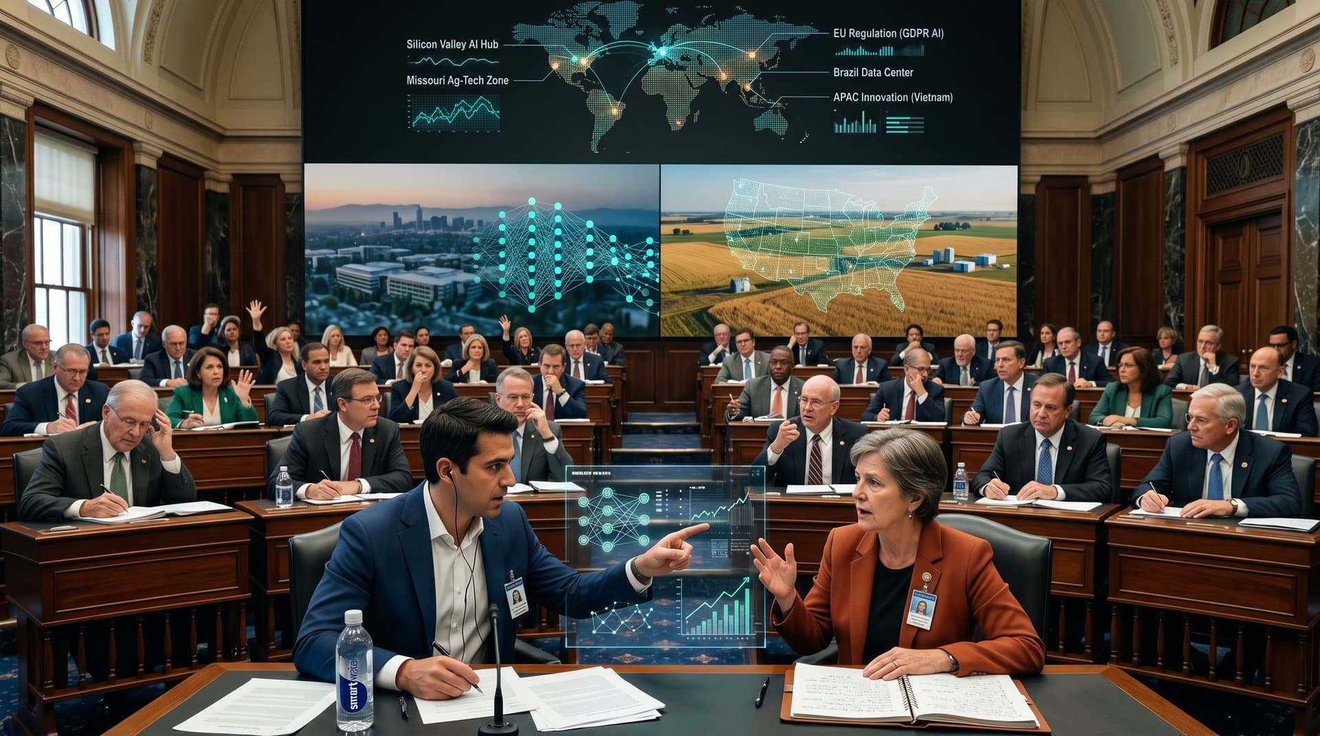 US Senate chamber with holographic AI neural networks, crypto charts, urban-rural visuals during regulation debate