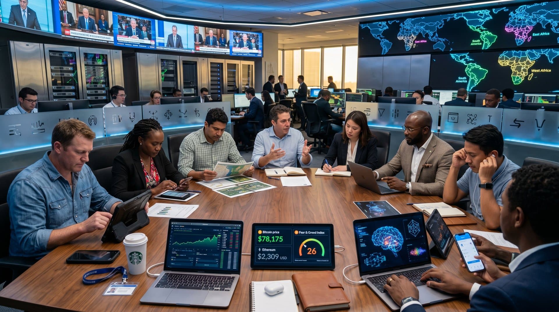 Holographic screens and conference table with AI visuals, crypto charts, global maps, server racks in high-tech policy debate space