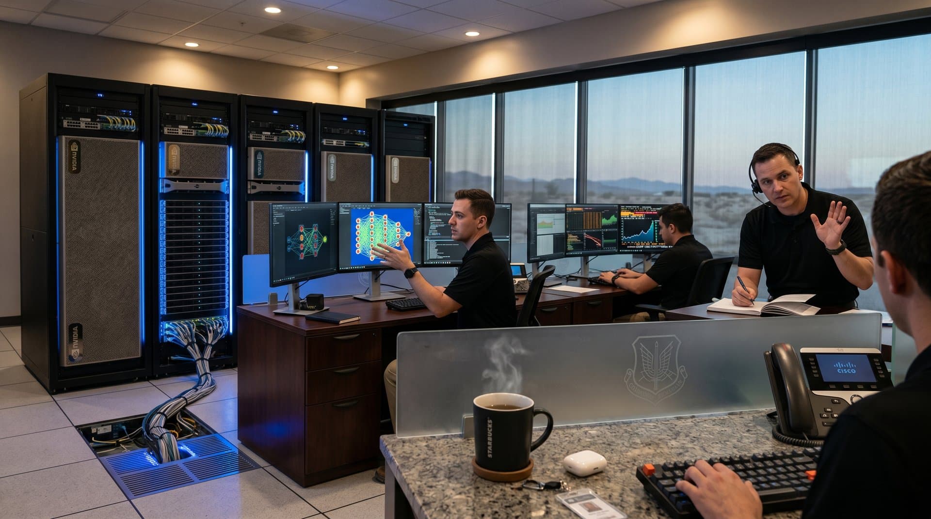 High-tech defense AI command center with glowing servers, monitors showing neural networks and BTC charts
