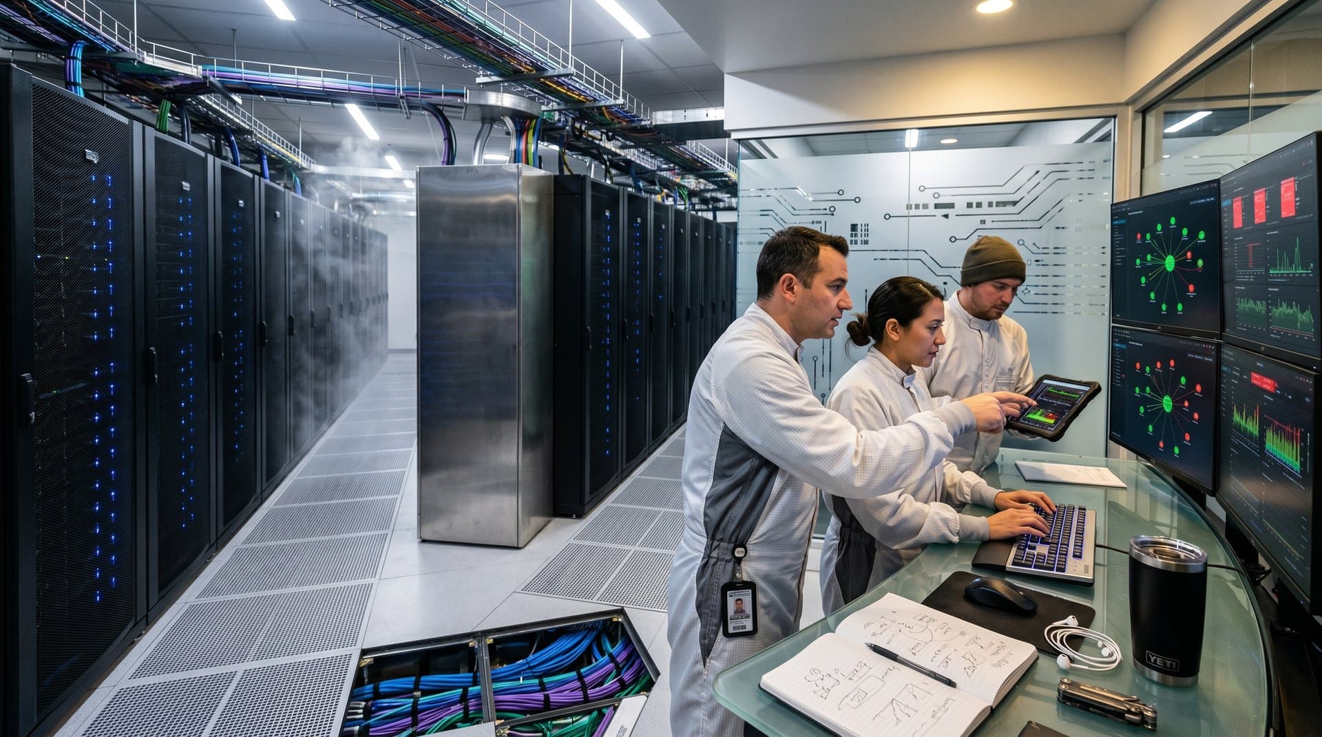 Cybersecurity engineer adjusts server cables in Tier IV data center amid racks, monitors, and team monitoring AI networks