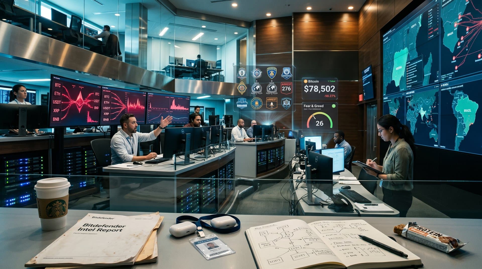 Cybersecurity team monitors blockchain threats and global scam networks on screens in high-tech ops center