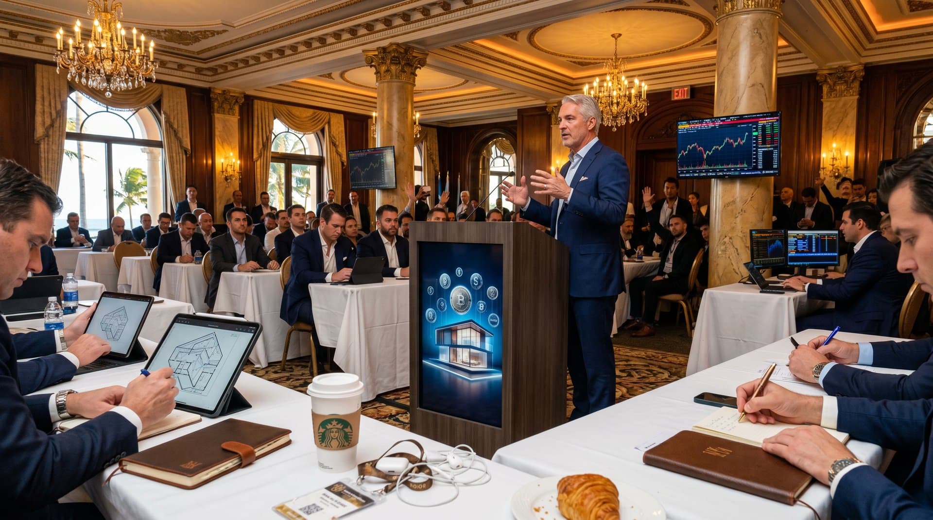 Mar-a-Lago summit scene with blockchain housing visuals, BTC charts, and executive discussions overlooking ocean