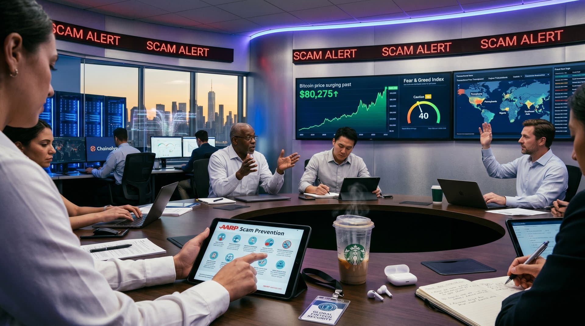 Cybersecurity team monitors cryptocurrency scam alerts on multi-monitor setups in a modern global fintech operations center