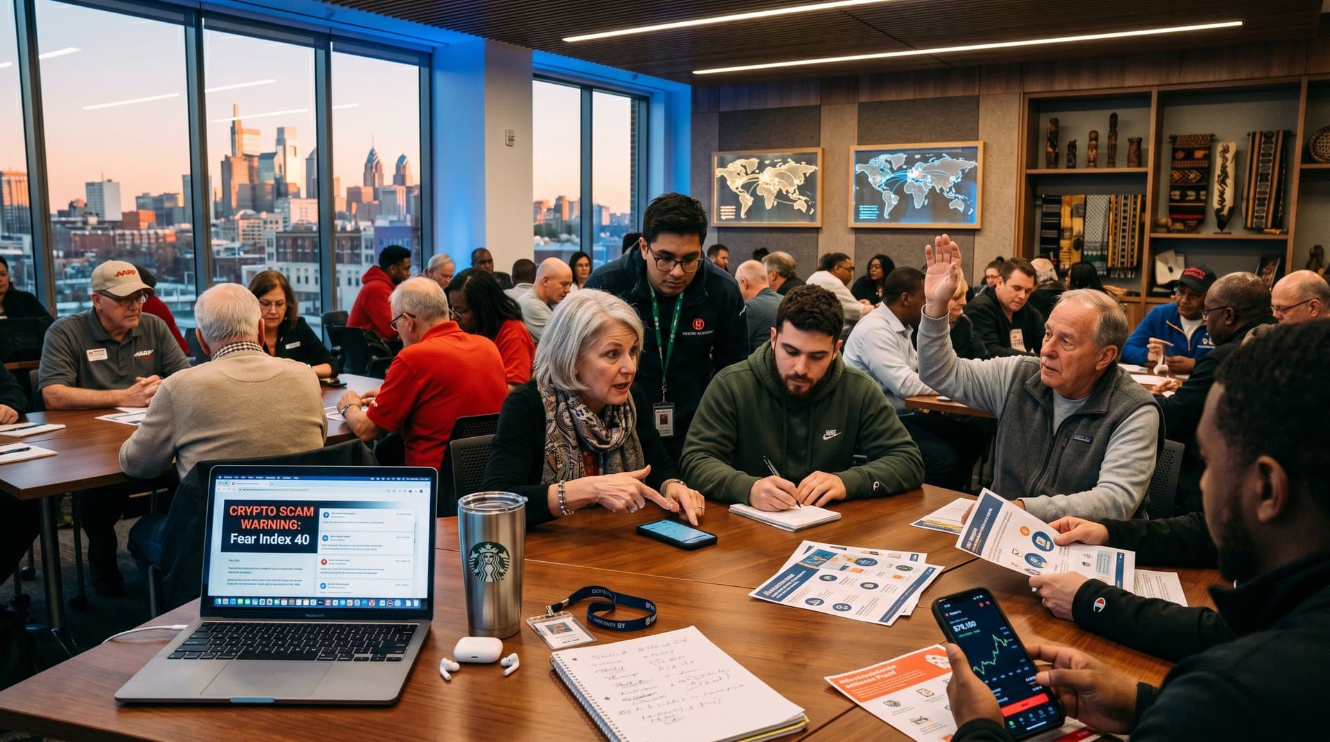 Community group in Pennsylvania reviews AARP cryptocurrency scam warnings with crypto charts and global maps
