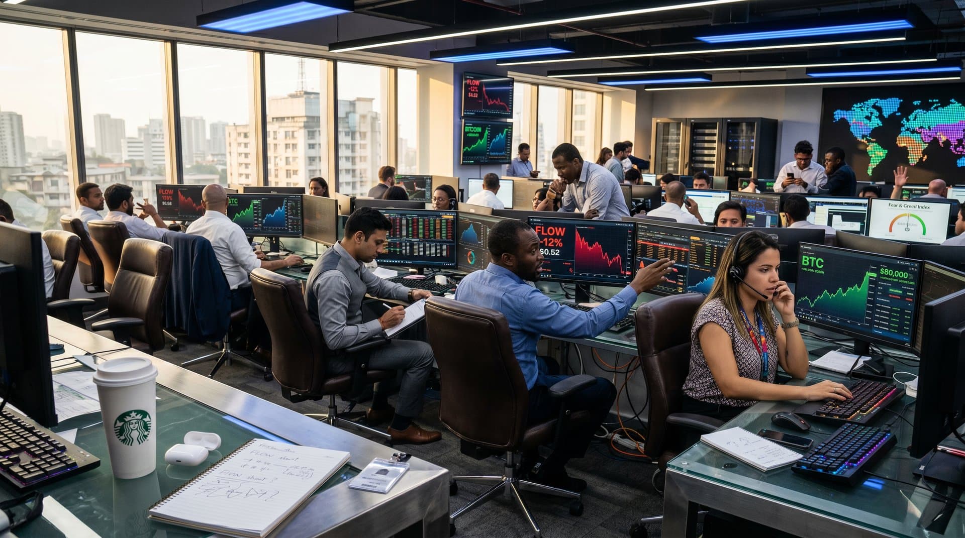 Global fintech traders monitor FLOW cryptocurrency charts dropping amid market data on modern trading floor