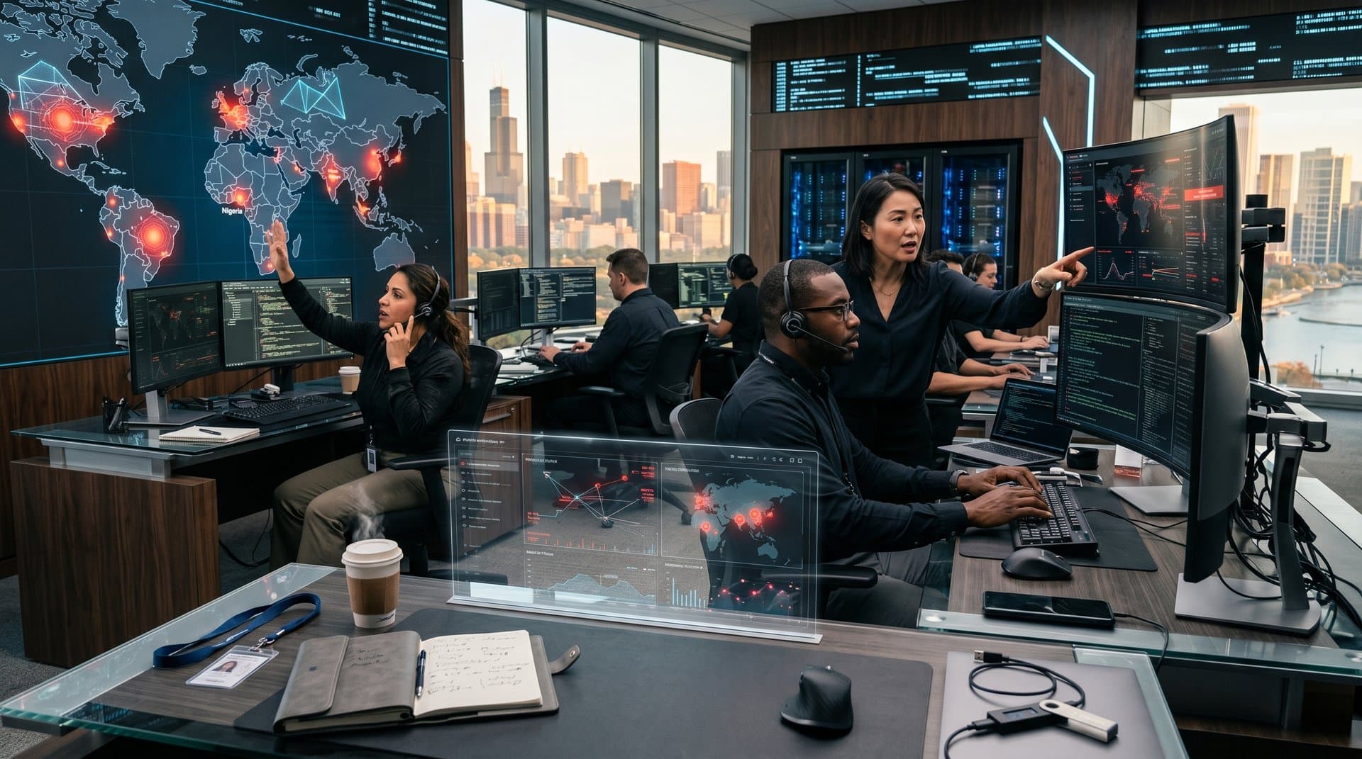 Global cybersecurity center monitors Winnetka home invasion crypto threats on screens with blockchain data and world maps
