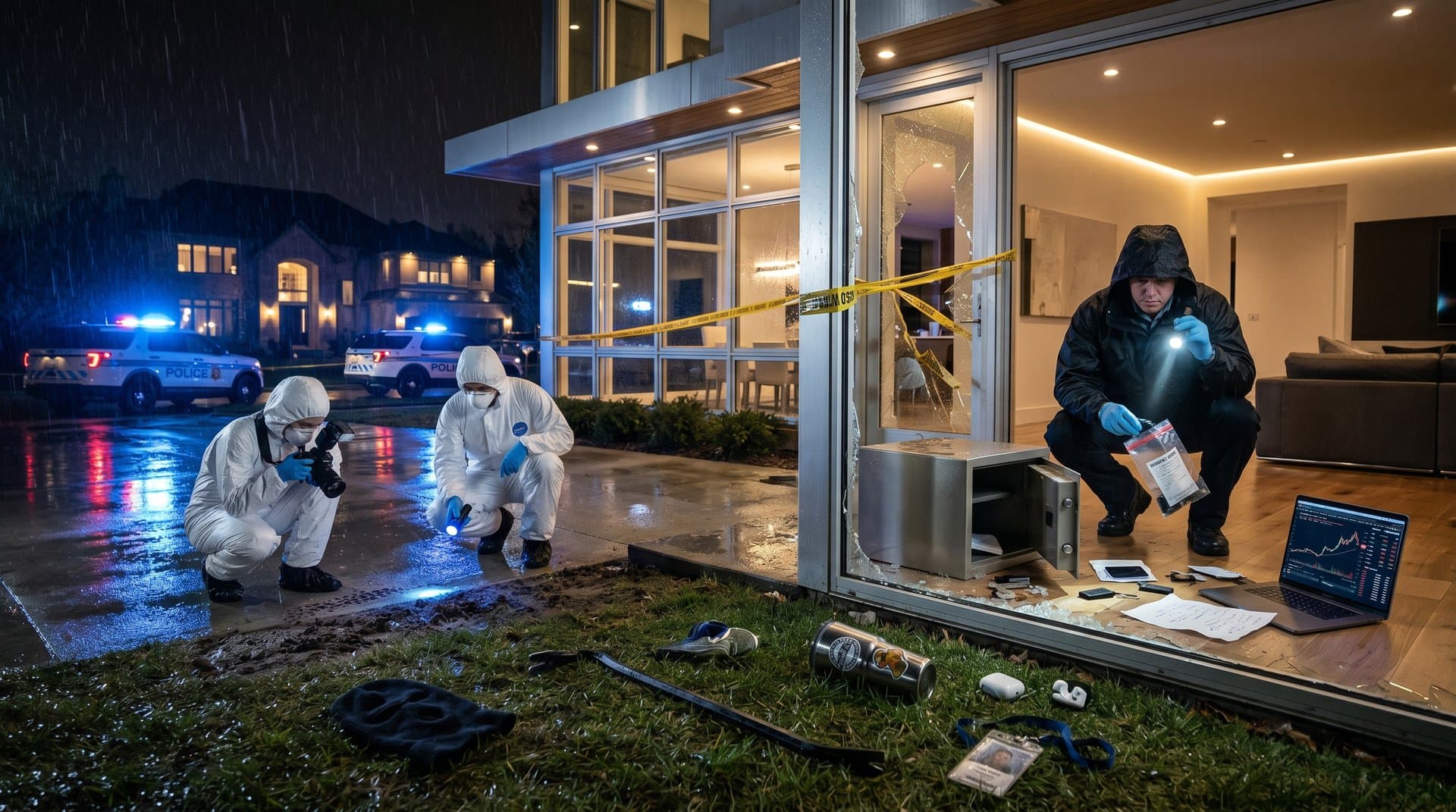 Police investigate shattered window at Winnetka home after crypto theft, hardware wallet and seed phrases visible inside