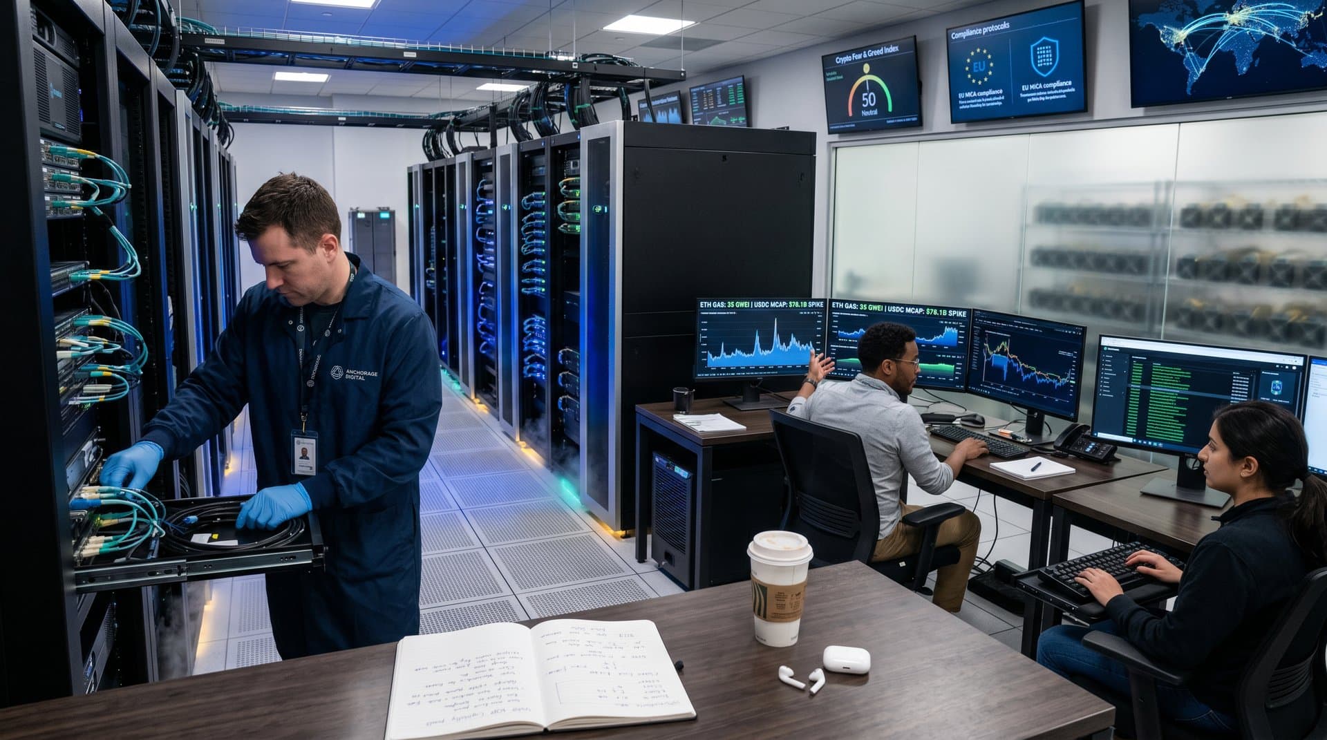 High-security data center with glowing server racks, monitors showing Anchorage Digital stablecoin liquidity dashboards, and infrastructure for global blockchain trading