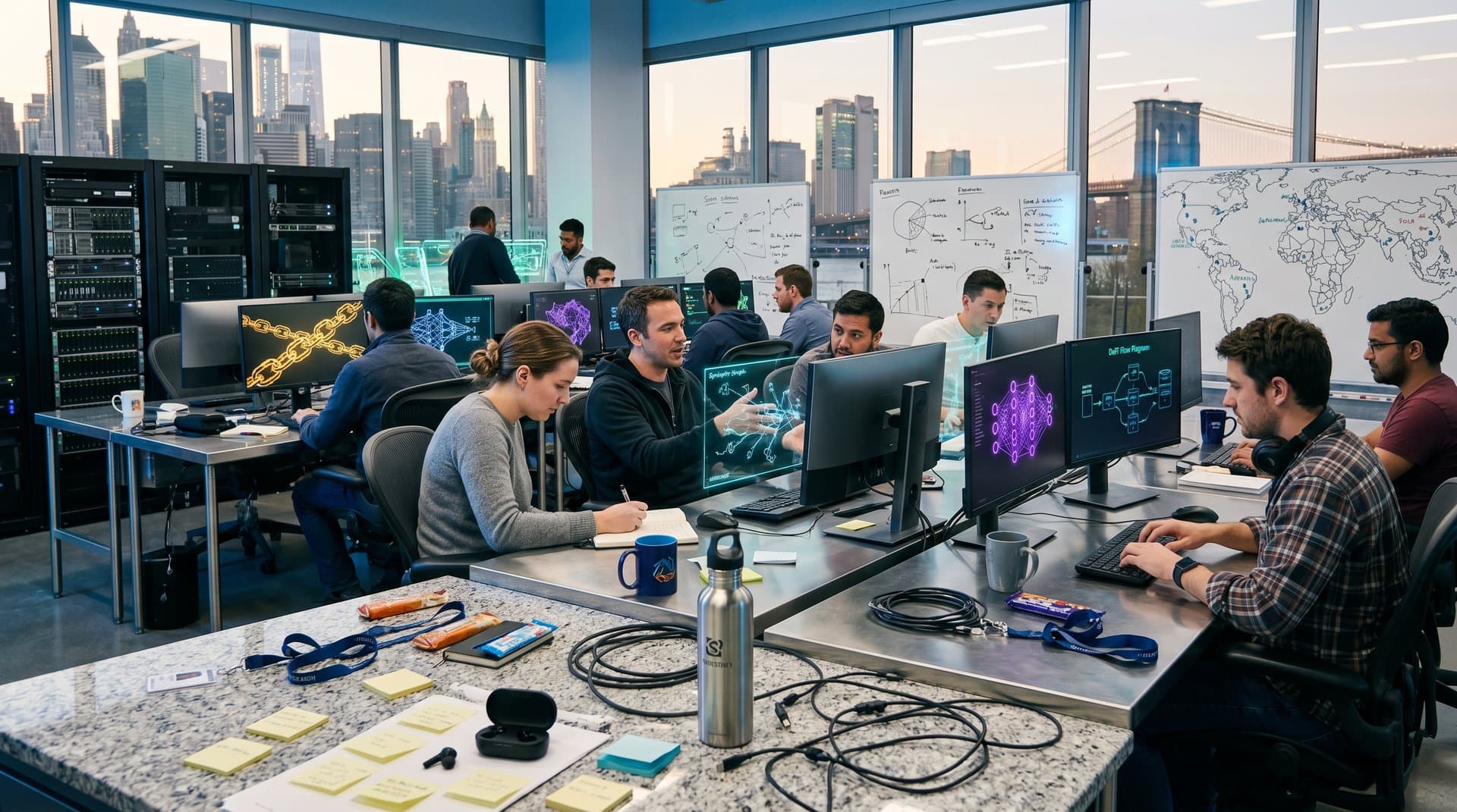 Abstract scene of AI blockchain visualizations on screens in a modern tech lab with city view
