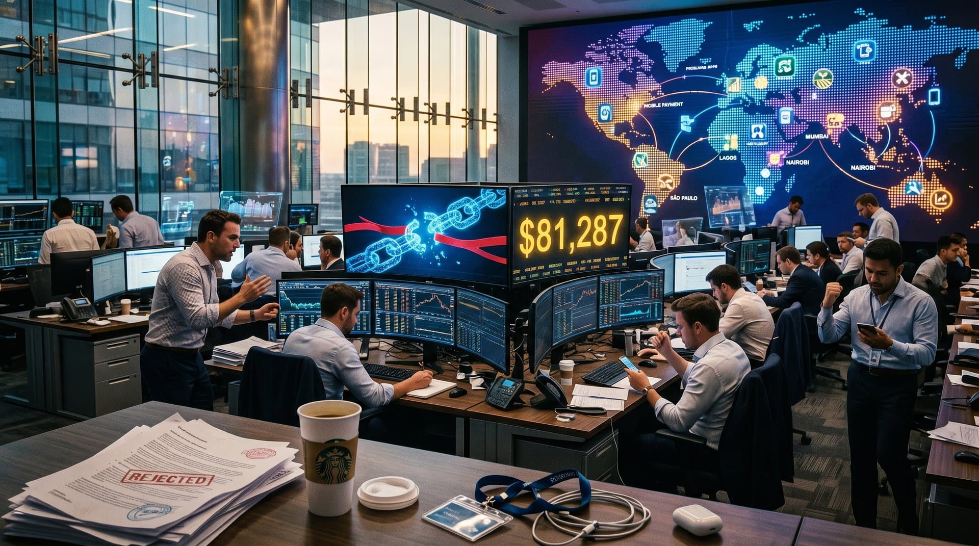 Glowing blockchain breaking through red tape safety net with AI networks, Bitcoin ticker, and global finance maps in neon cyberpunk style